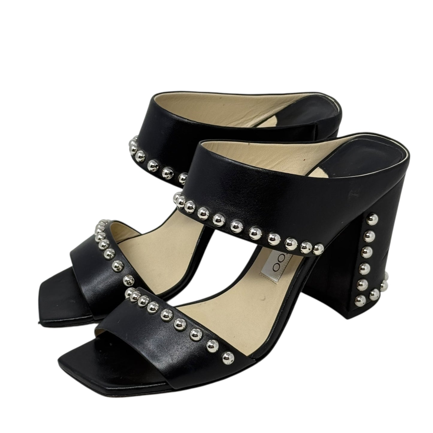 Matty Silver Studded Black Leather Mules Luxury Designer By Jimmy Choo In Black, Size: US 8/IT 38