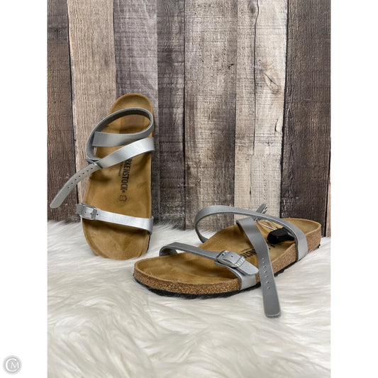 Sandals Flats By Birkenstock In Silver, Size: 10