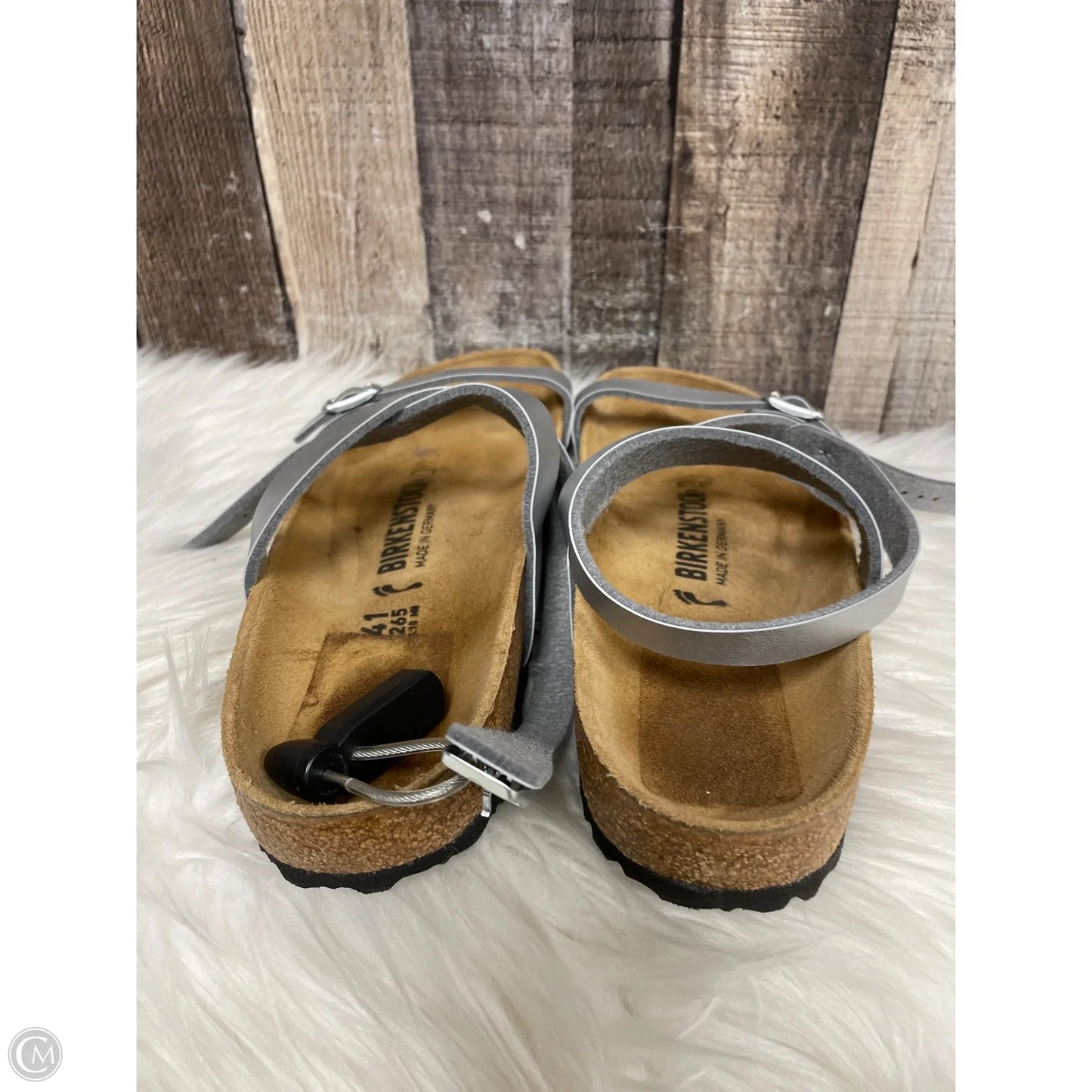 Sandals Flats By Birkenstock In Silver, Size: 10