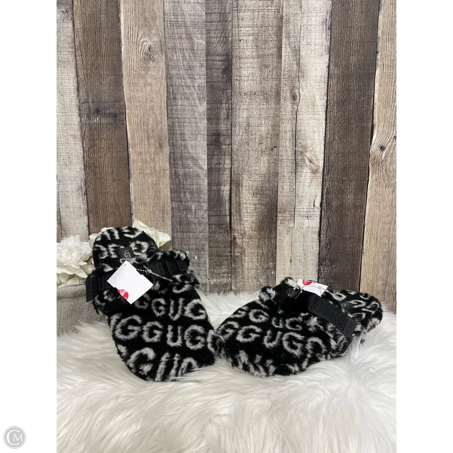 Slippers Designer By Ugg In Black & White, Size: 8