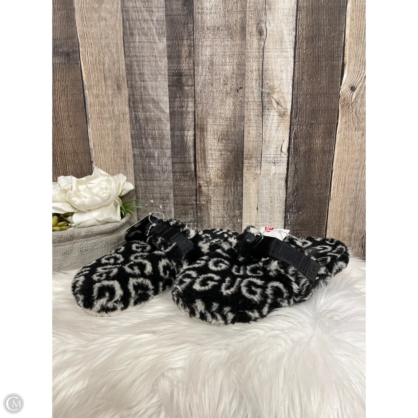 Slippers Designer By Ugg In Black & White, Size: 8