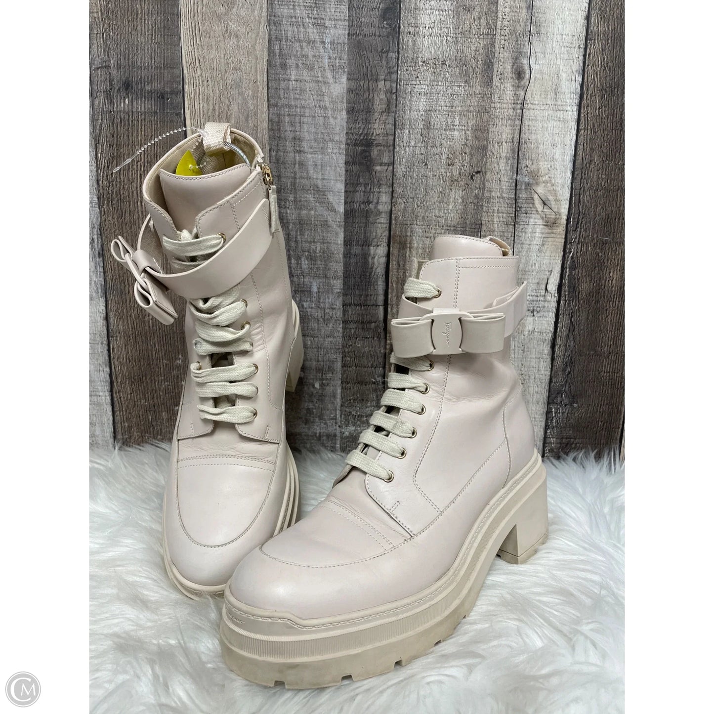 Boots Luxury Designer By Ferragamo In Beige, Size: 7.5