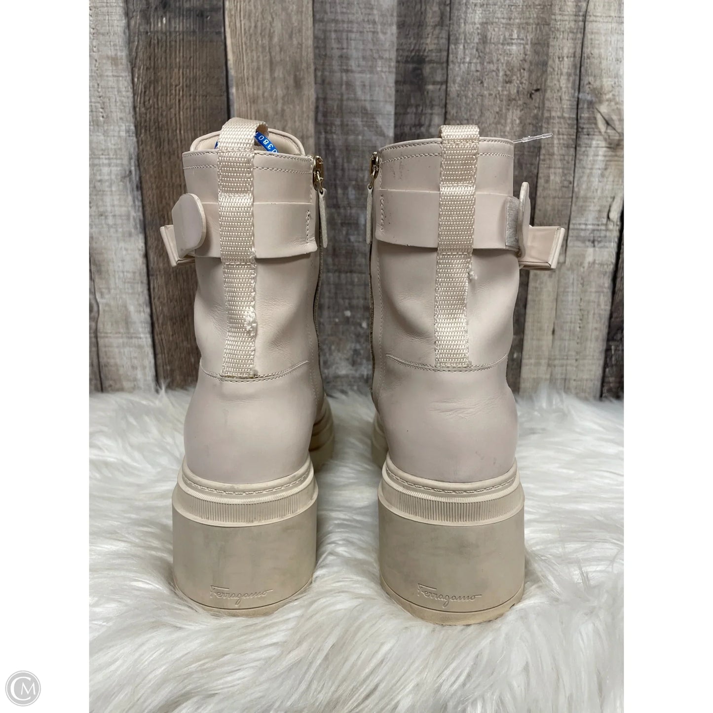 Boots Luxury Designer By Ferragamo In Beige, Size: 7.5