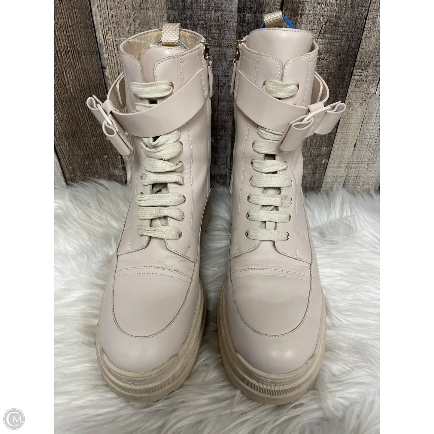 Boots Luxury Designer By Ferragamo In Beige, Size: 7.5