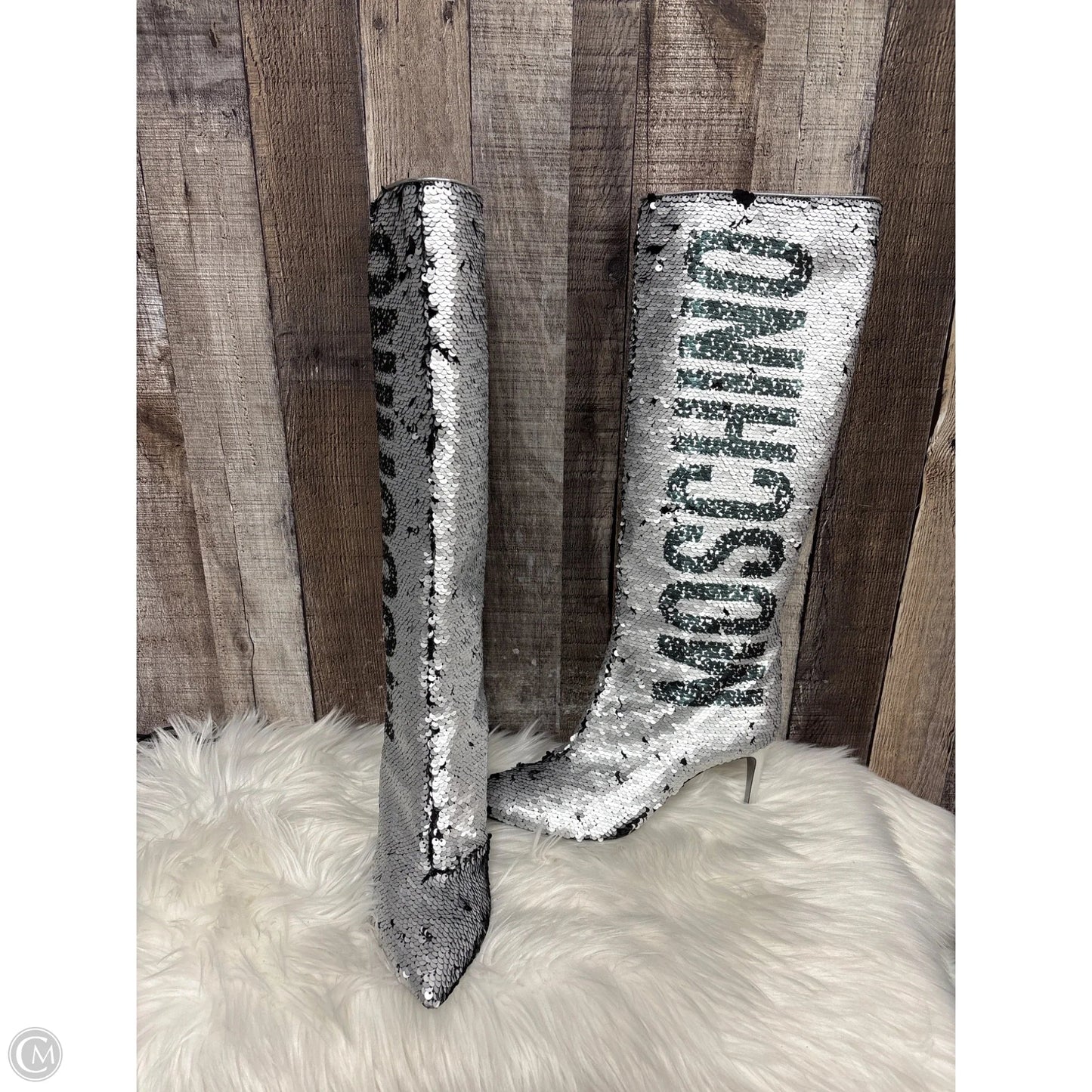 Boots Luxury Designer By Moschino In Silver & Tan, Size: 10