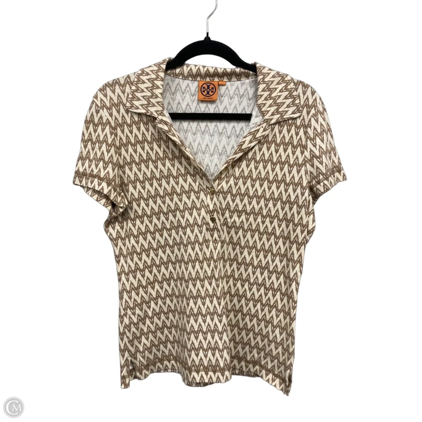 Top Short Sleeve Designer By Tory Burch In Brown & Cream, Size: L