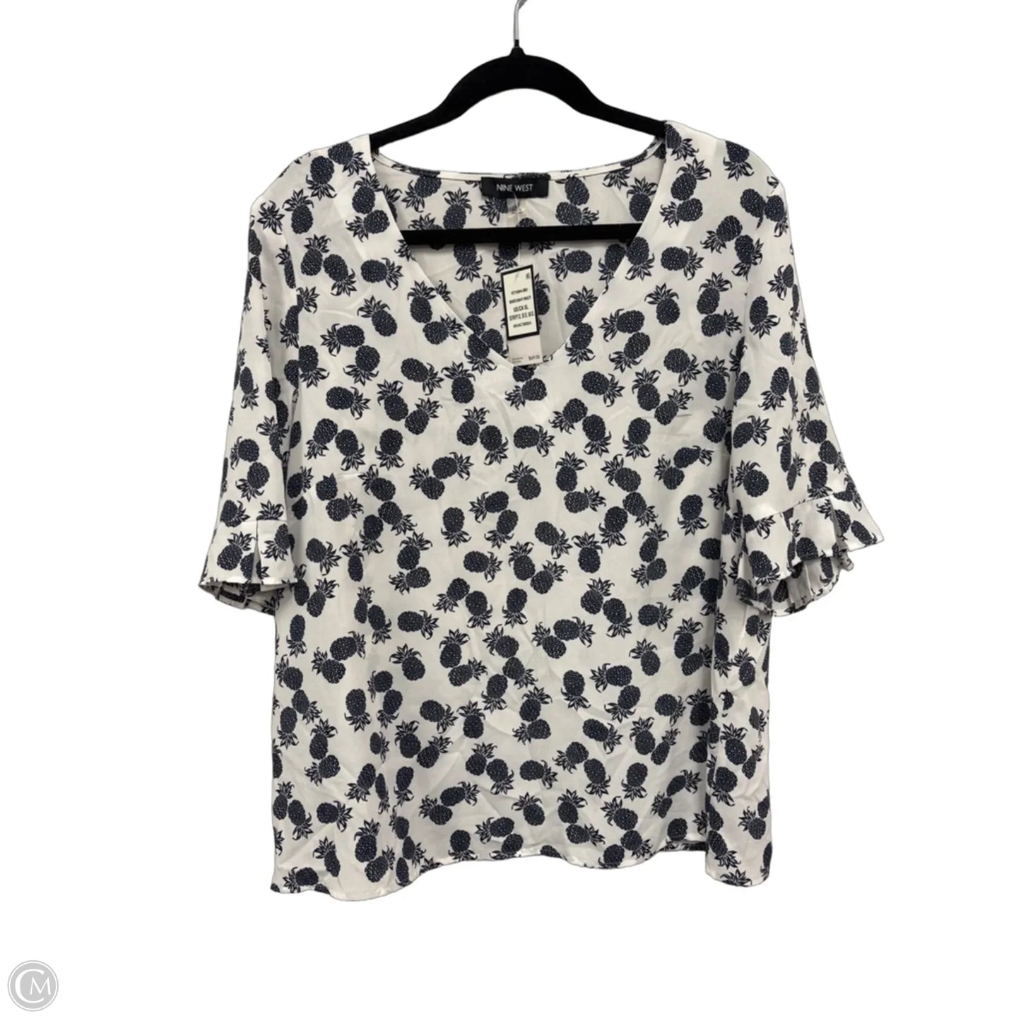 Blouse Short Sleeve By Nine West Apparel In Blue & White, Size: Xl