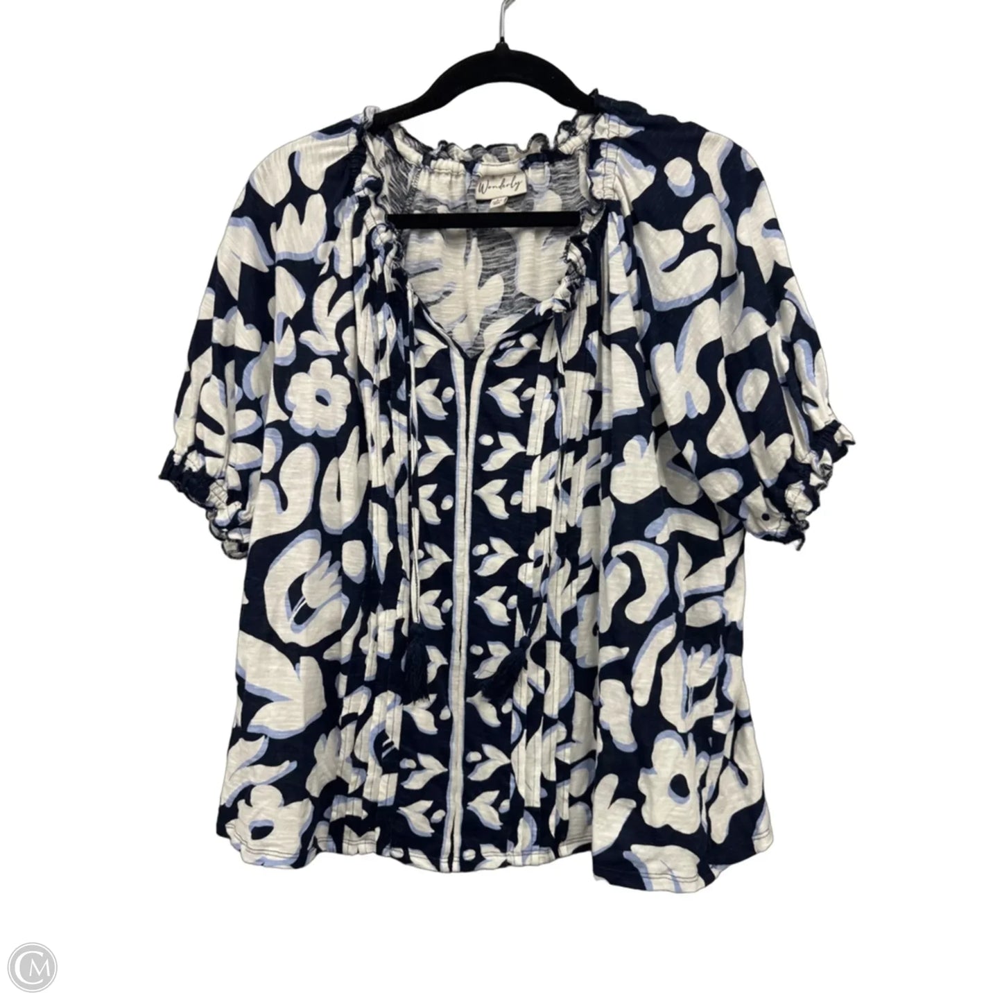 Top Short Sleeve By Wonderly In Blue & White, Size: L