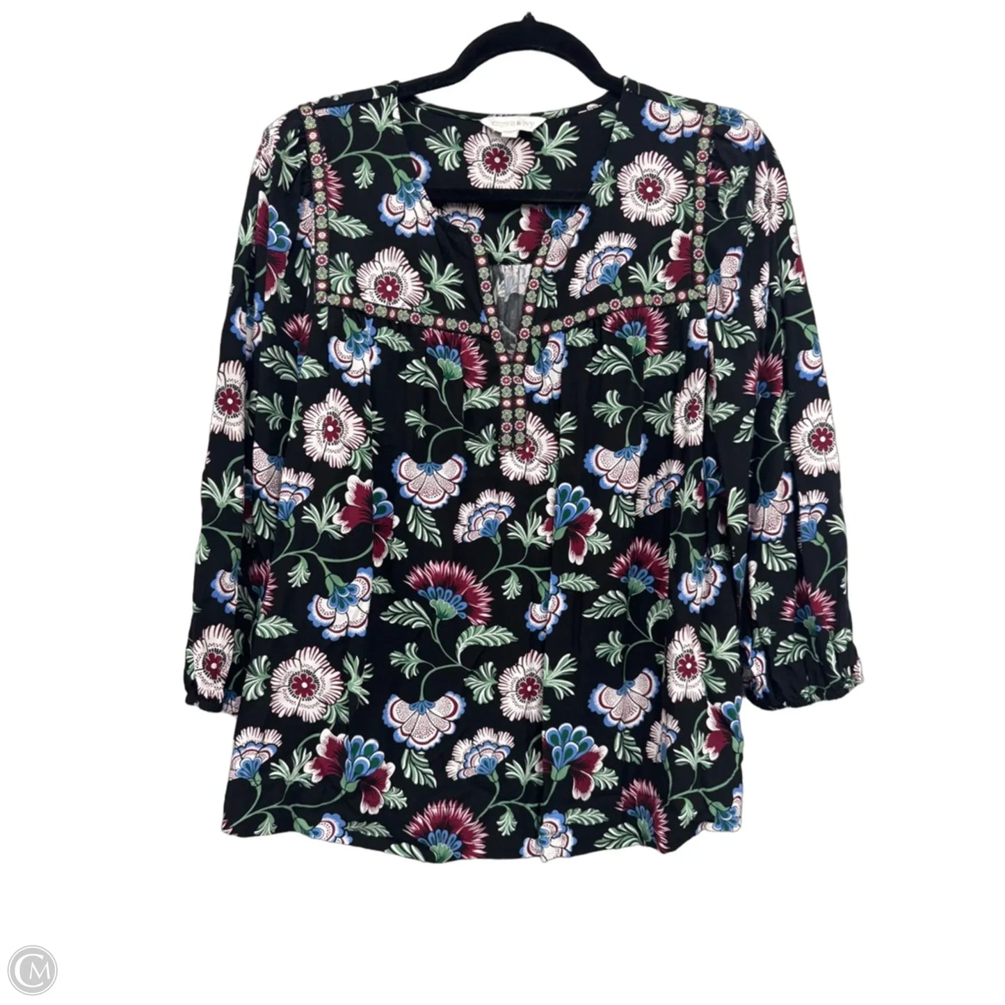 Blouse 3/4 Sleeve By Crown And Ivy In Black & Green, Size: L