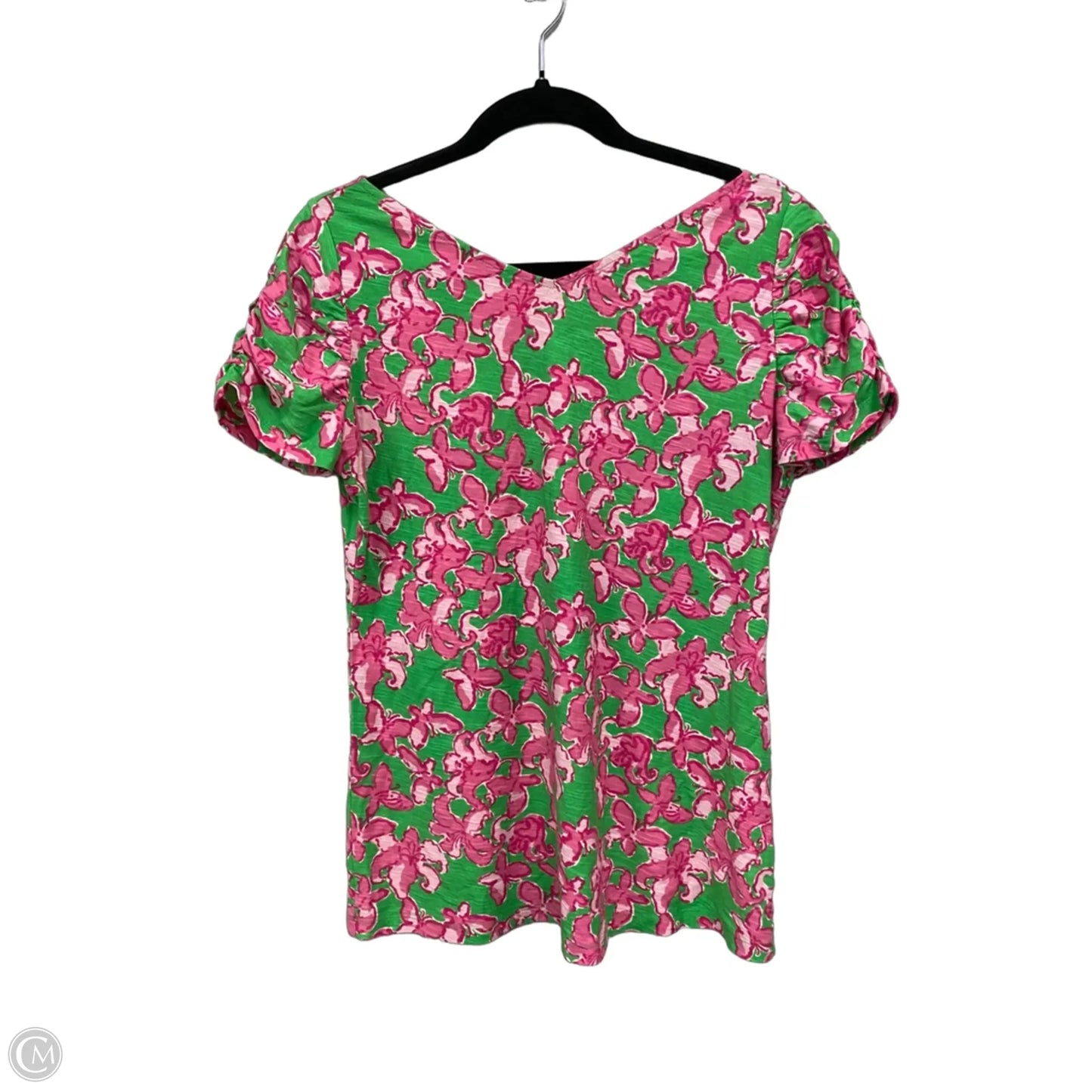 Top Short Sleeve Designer By Lilly Pulitzer In Green & Pink, Size: L