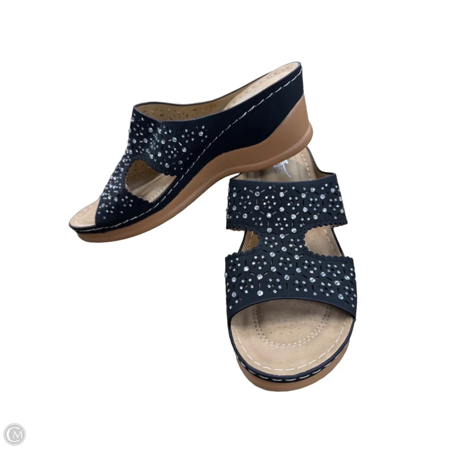 Sandals Heels Wedge By Clothes Mentor In Black & Silver, Size: 11.5