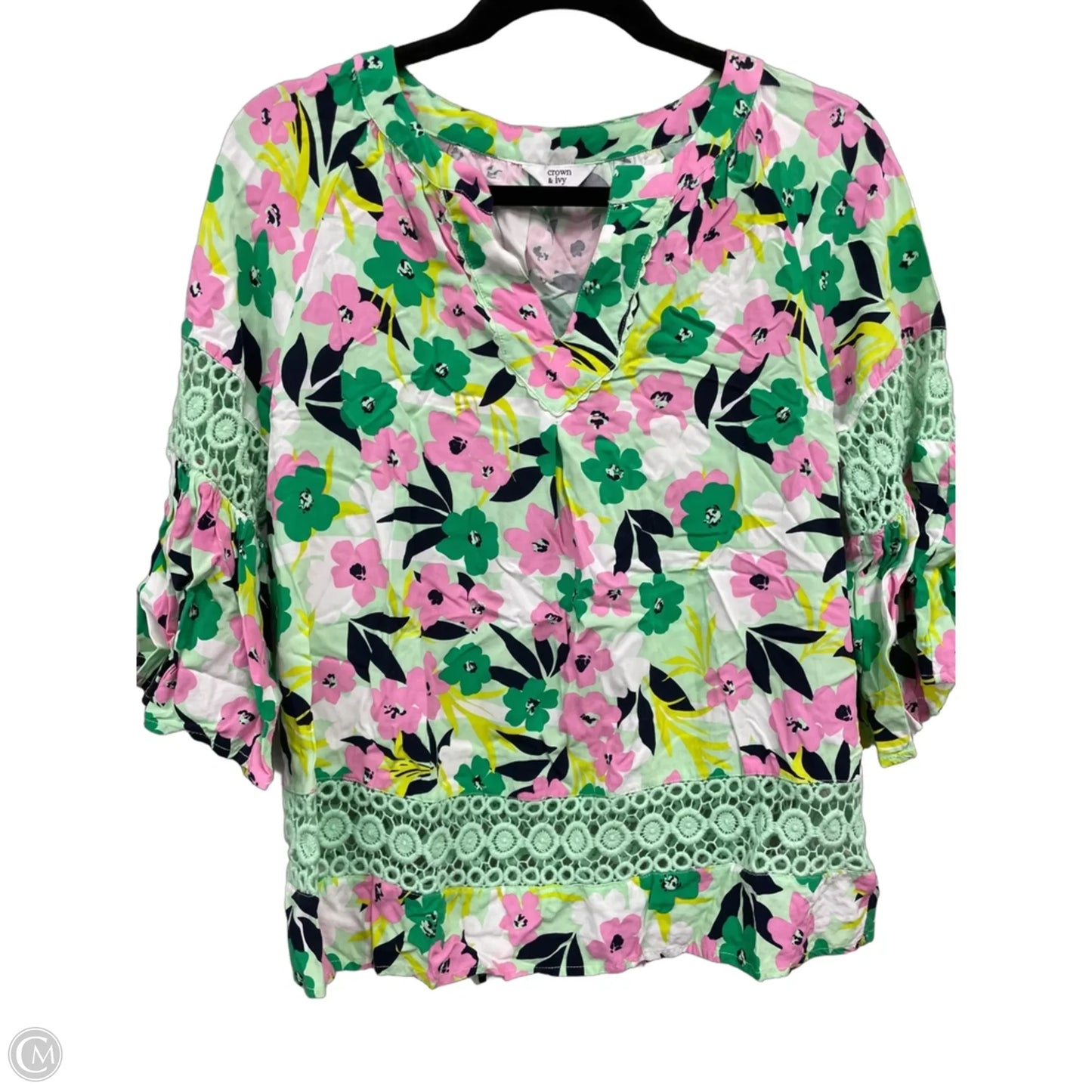 Top 3/4 Sleeve By Crown And Ivy In Green & Pink, Size: S