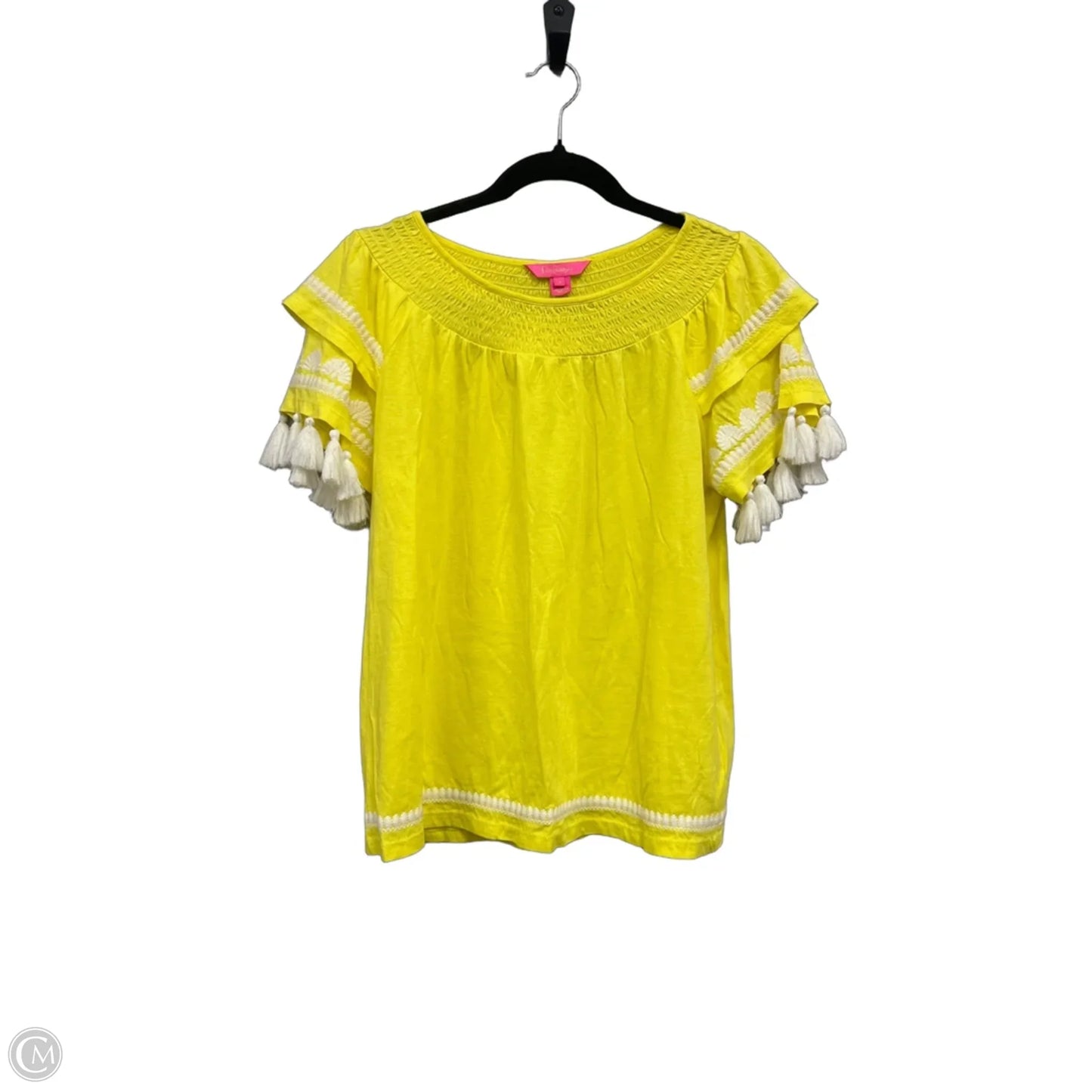 Top Short Sleeve Designer By Lilly Pulitzer In White & Yellow, Size: S