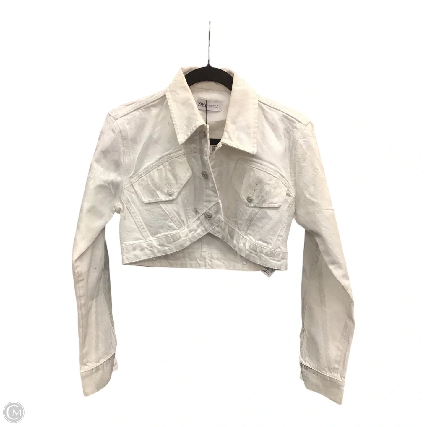 Jacket Denim By Zara In Silver & White, Size: M
