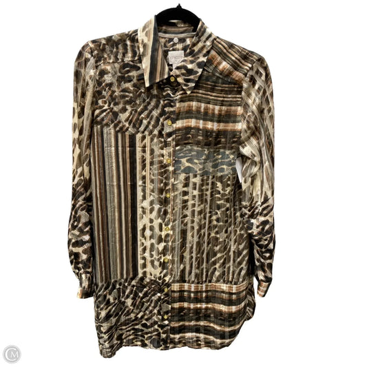 Blouse Long Sleeve By Chicos In Brown & Cream, Size: S