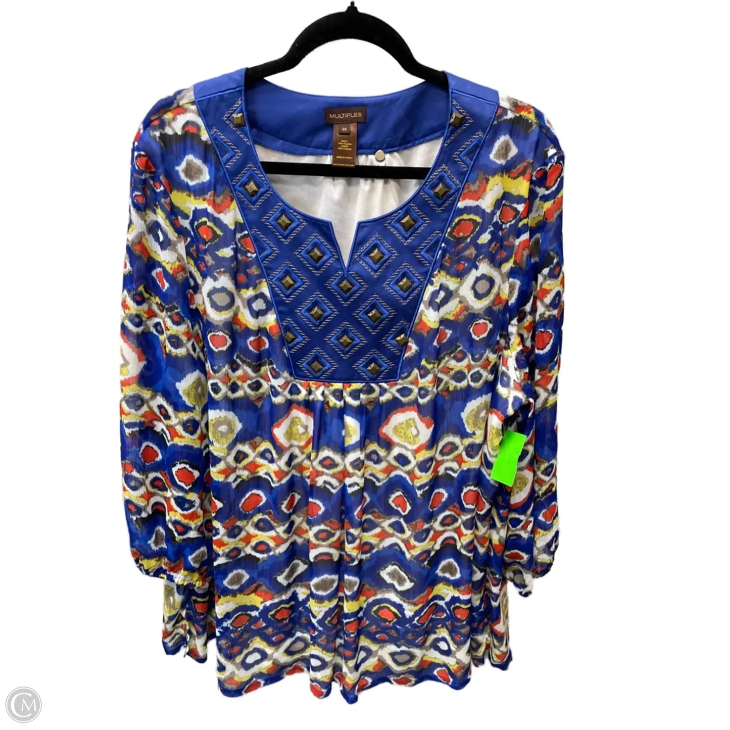 Blouse Long Sleeve By Multiples In Blue & Orange, Size: 2x