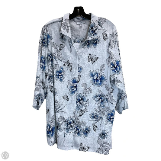 Blouse 3/4 Sleeve By Croft And Barrow In Blue & White, Size: 2x