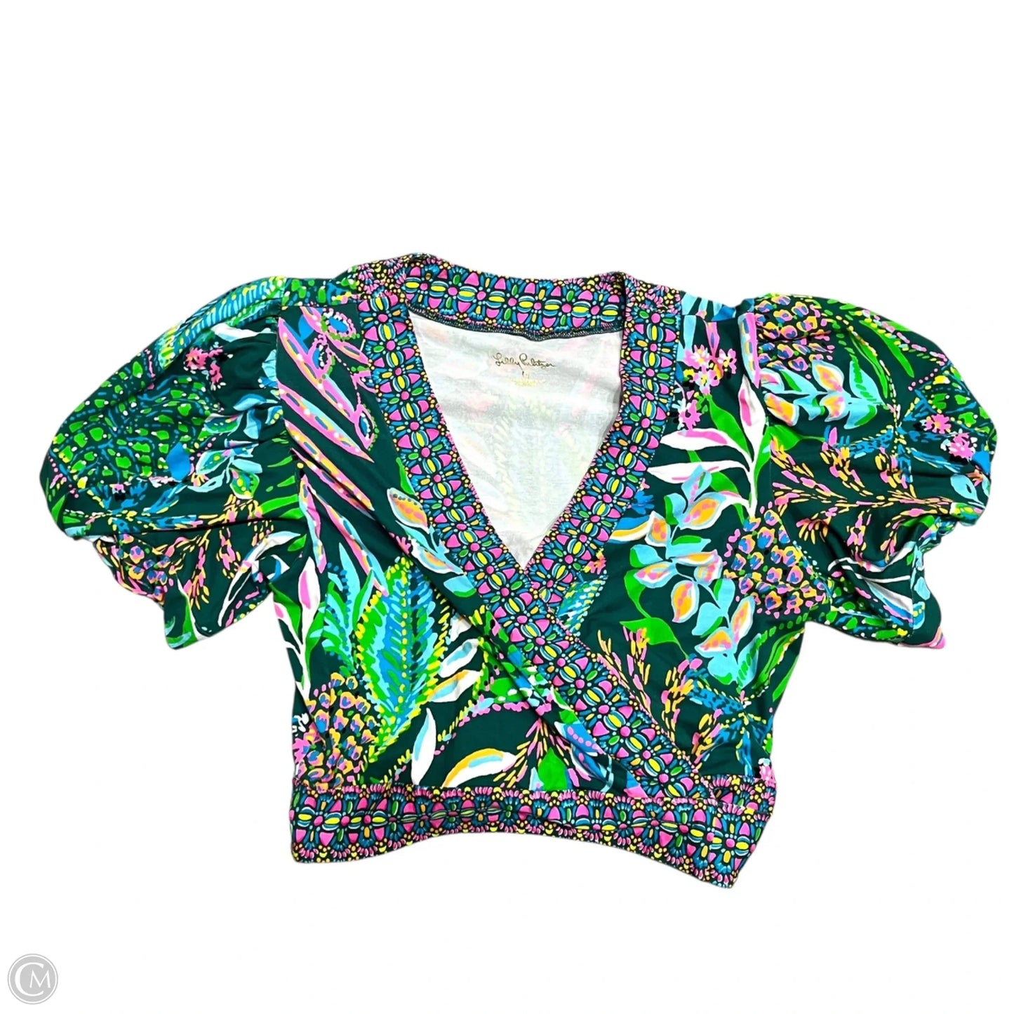 Top Short Sleeve Designer By Lilly Pulitzer In Green & Pink, Size: M