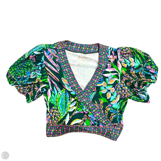 Top Short Sleeve Designer By Lilly Pulitzer In Green & Pink, Size: M
