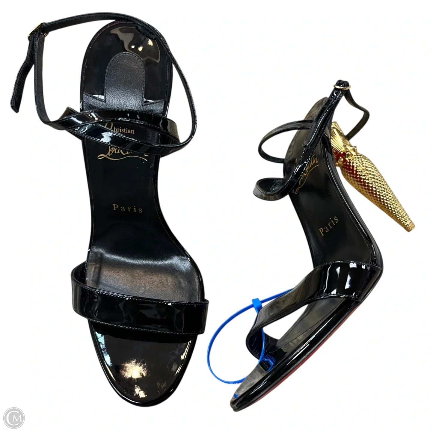 Sandals Luxury Designer By Christian Louboutin In Black & Gold, Size: 9.5