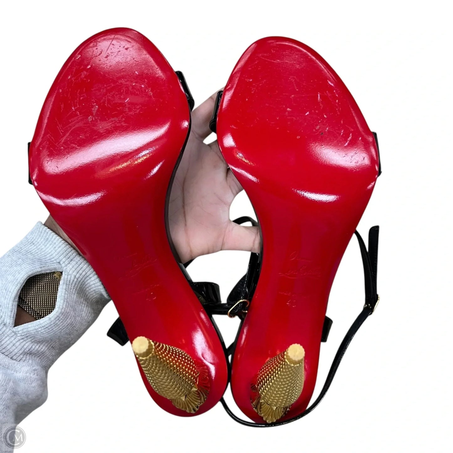 Sandals Luxury Designer By Christian Louboutin In Black & Gold, Size: 9.5