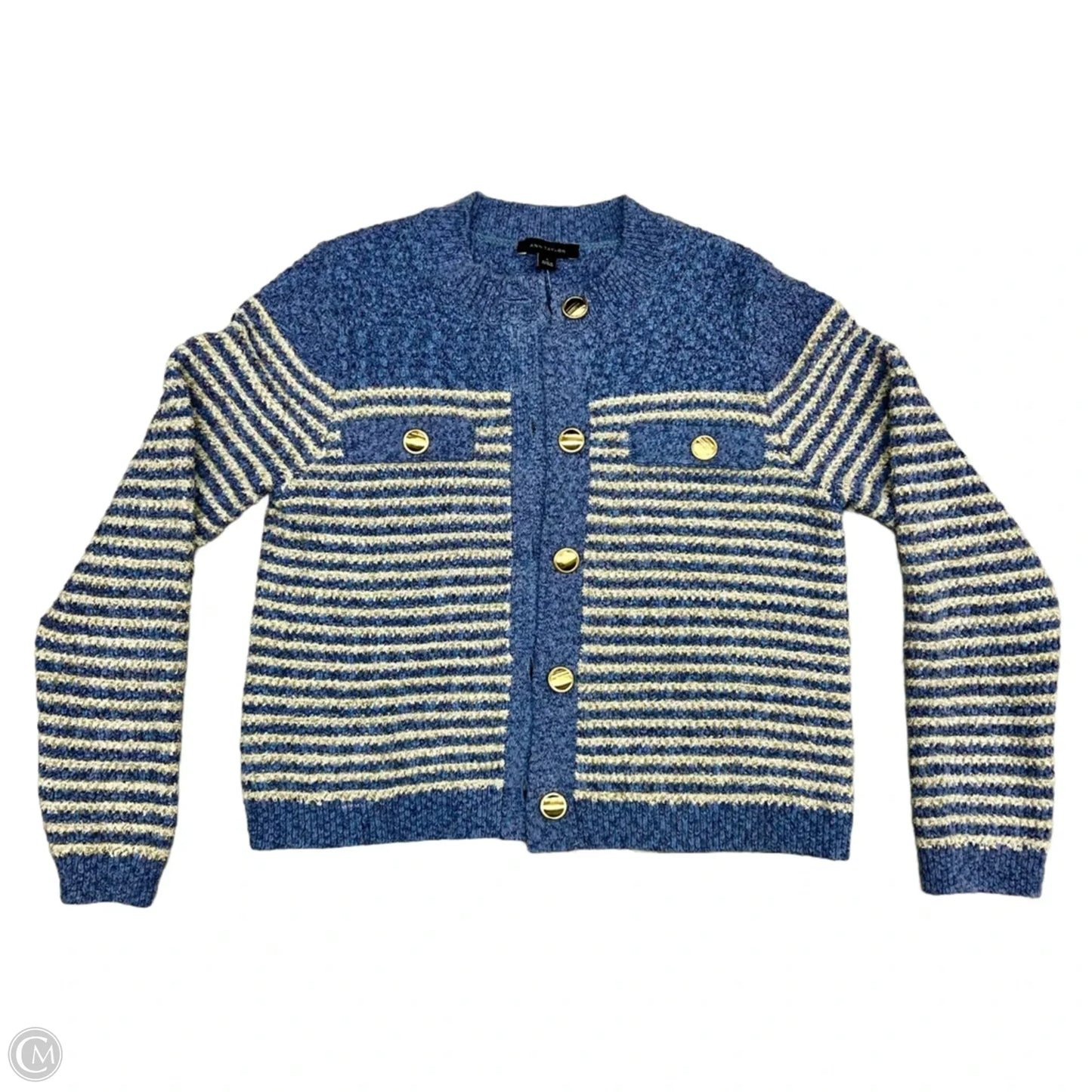 Sweater Cardigan By Ann Taylor In Blue & Gold, Size: L