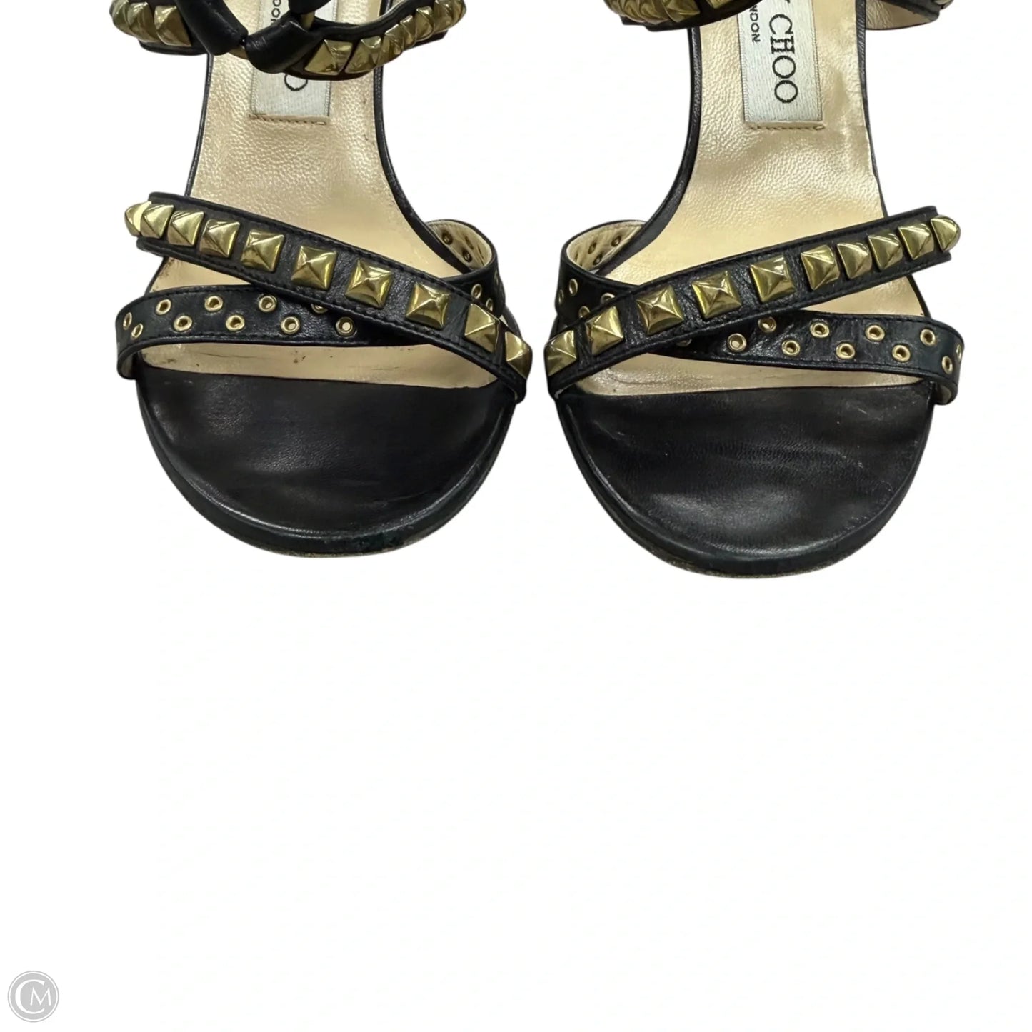 Sandals Luxury Designer By Jimmy Choo In Black & Gold, Size: 7