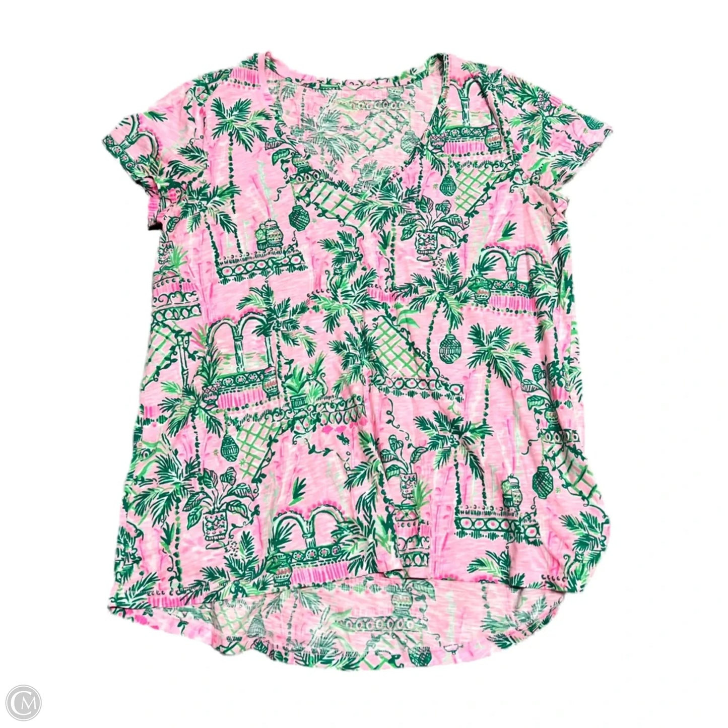 Top Short Sleeve Designer By Lilly Pulitzer In Green & Pink, Size: M