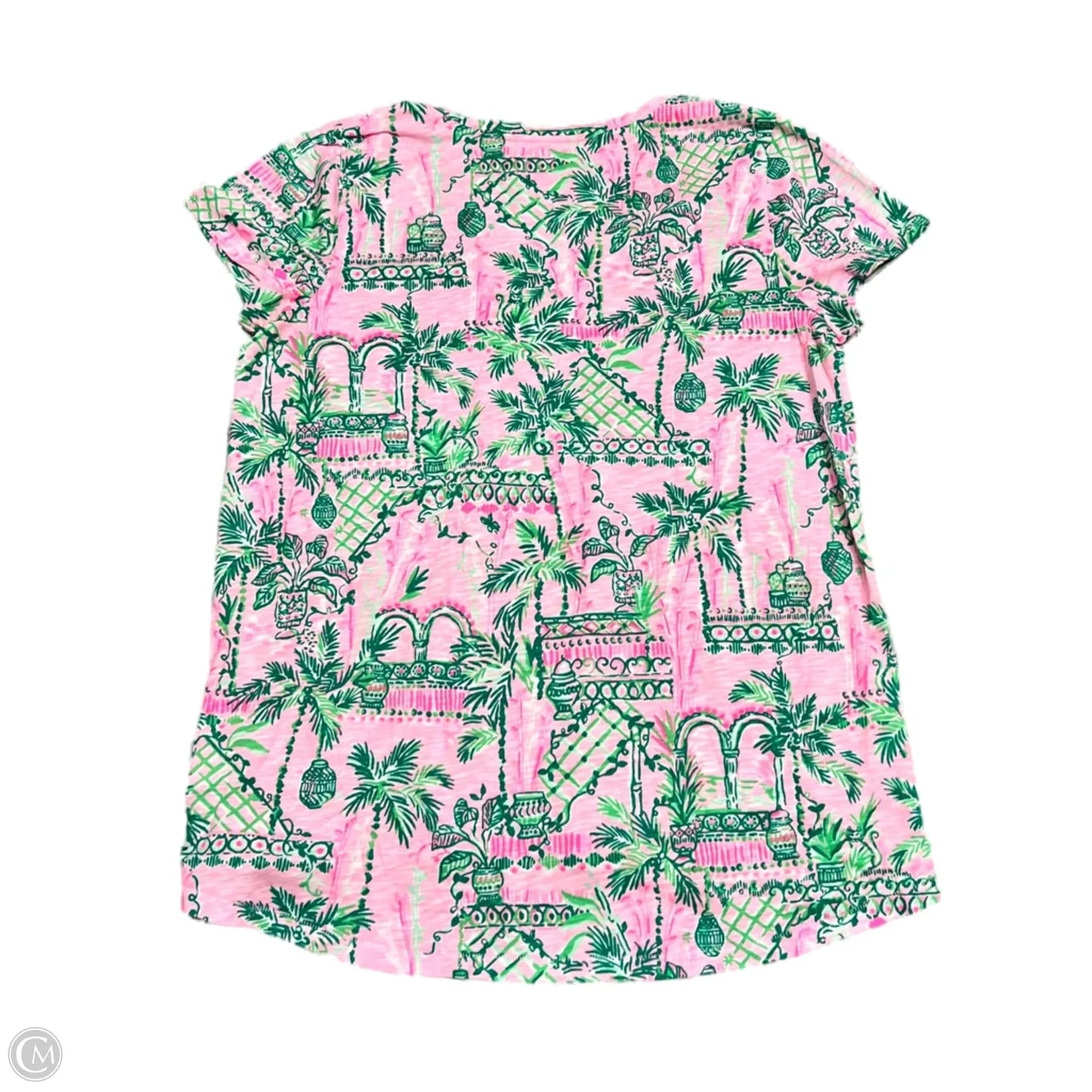 Top Short Sleeve Designer By Lilly Pulitzer In Green & Pink, Size: M