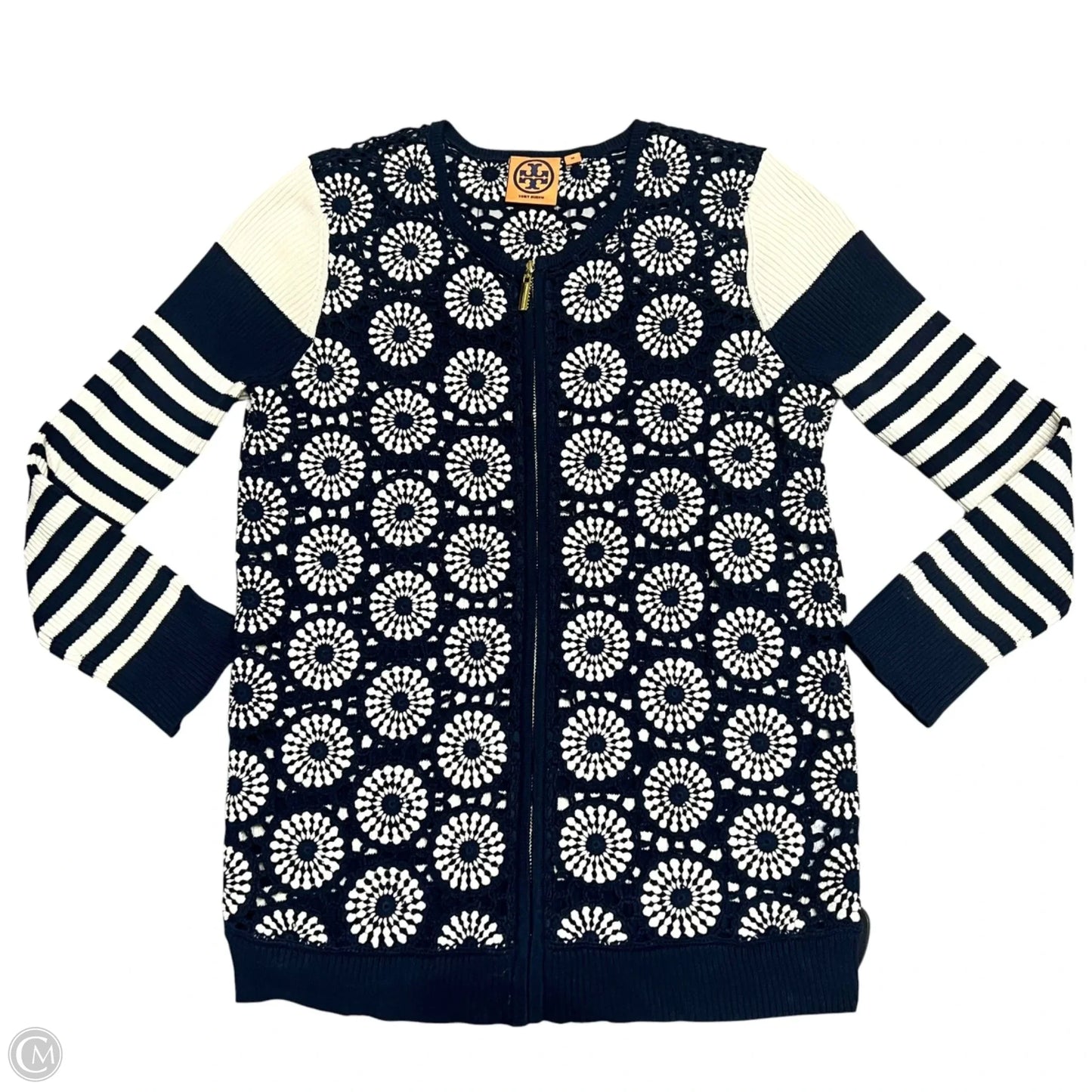 Sweater Cardigan Designer By Tory Burch In Blue & White, Size: M