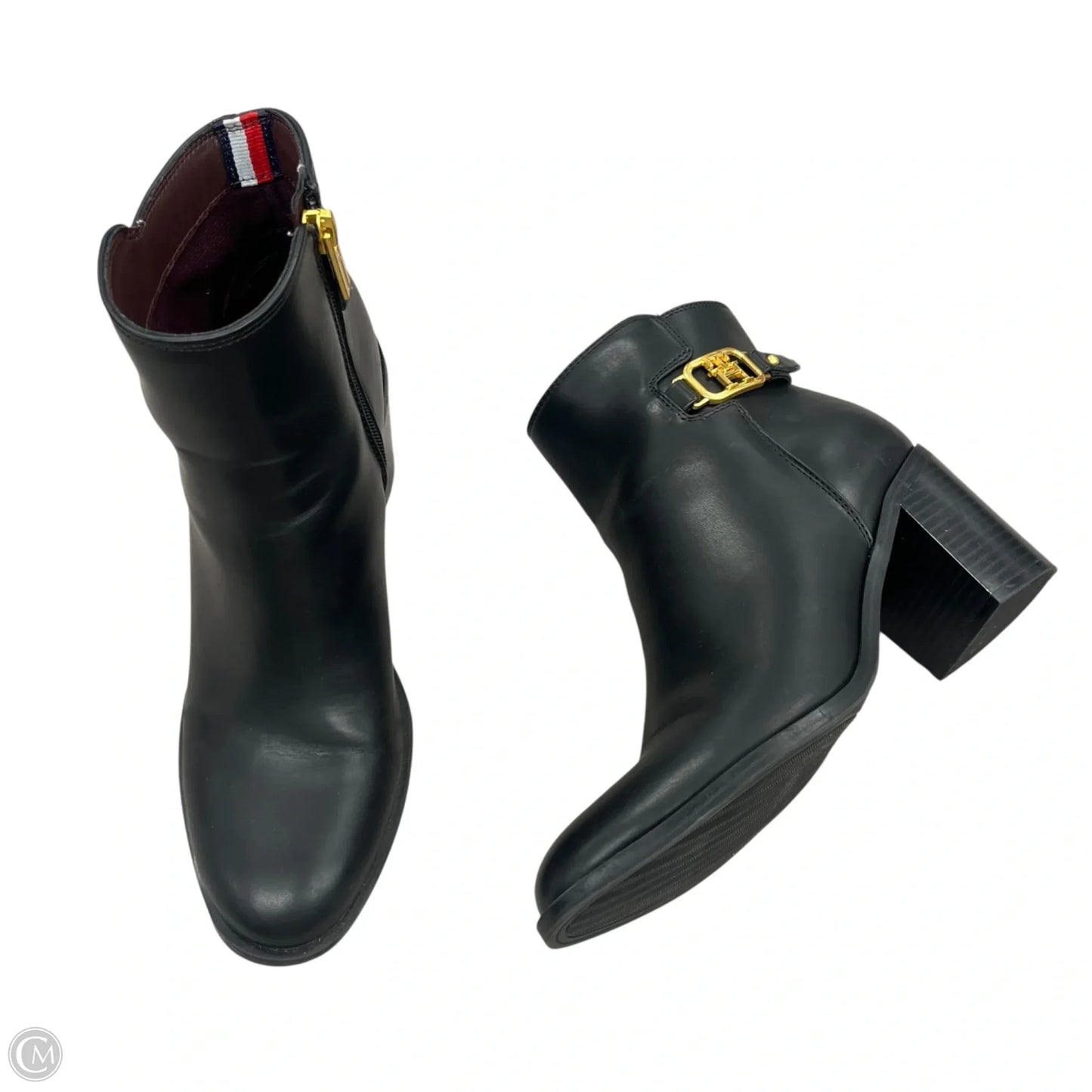 Boots Ankle Heels By Tommy Hilfiger In Black & Gold, Size: 8