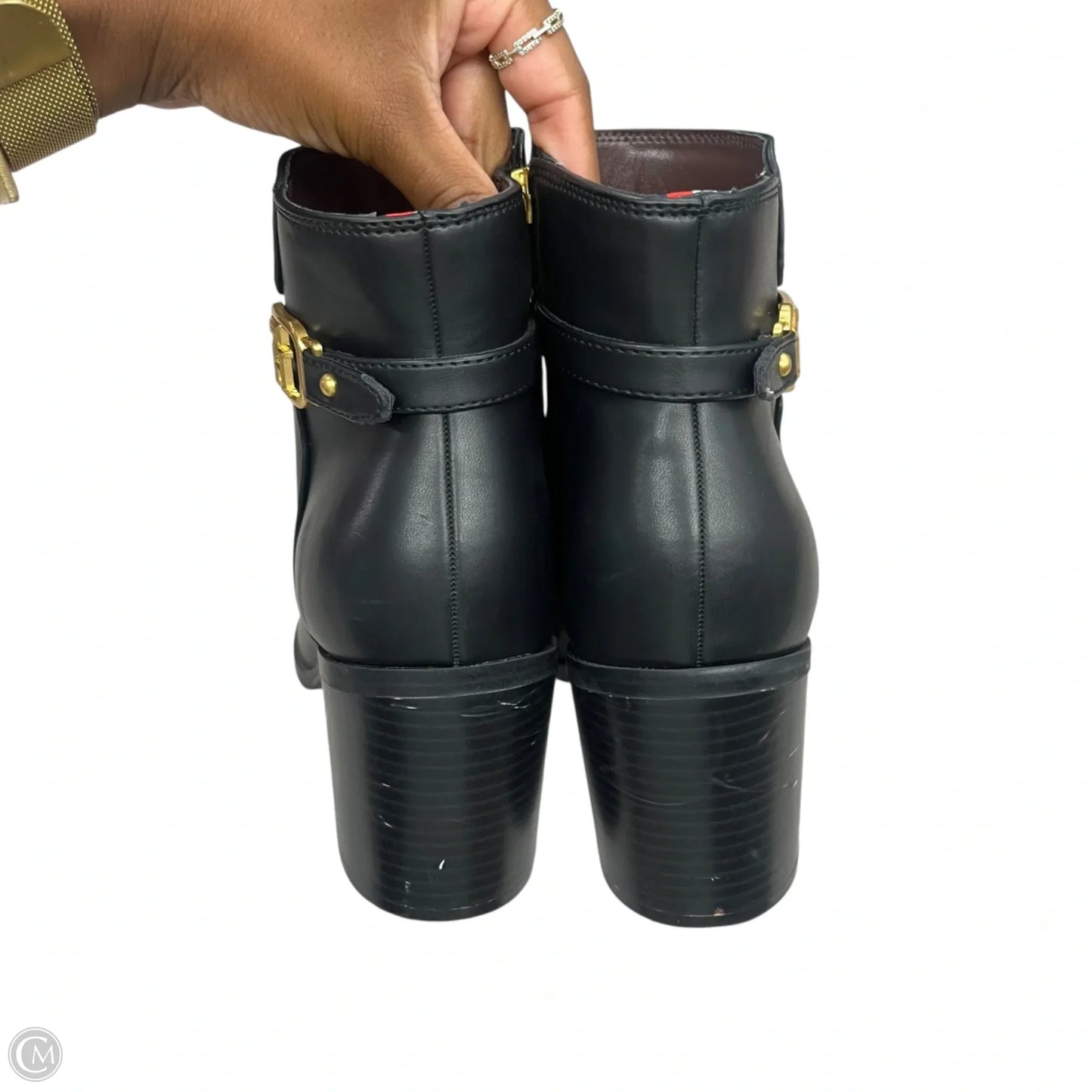 Boots Ankle Heels By Tommy Hilfiger In Black & Gold, Size: 8