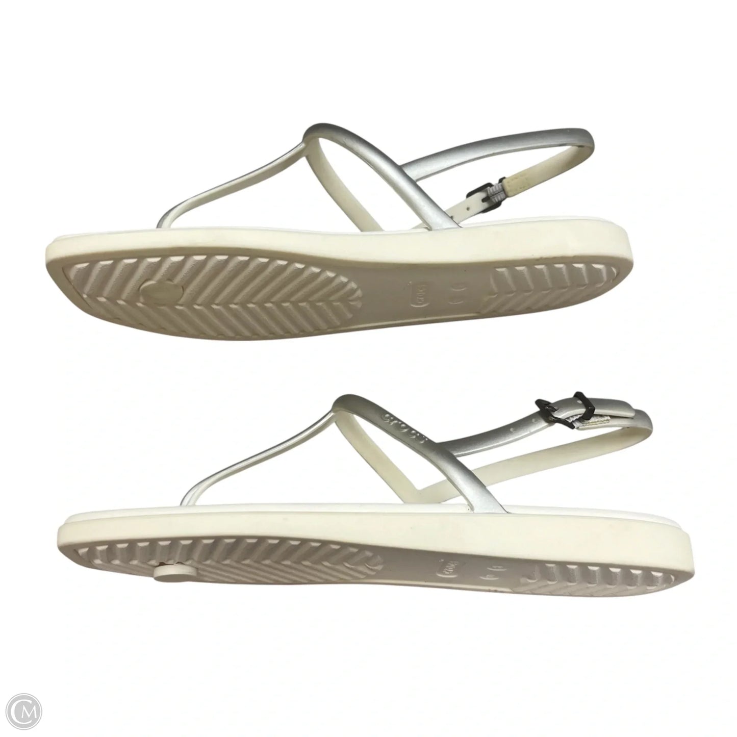 Sandals Flats By Crocs In Grey & White, Size: 8