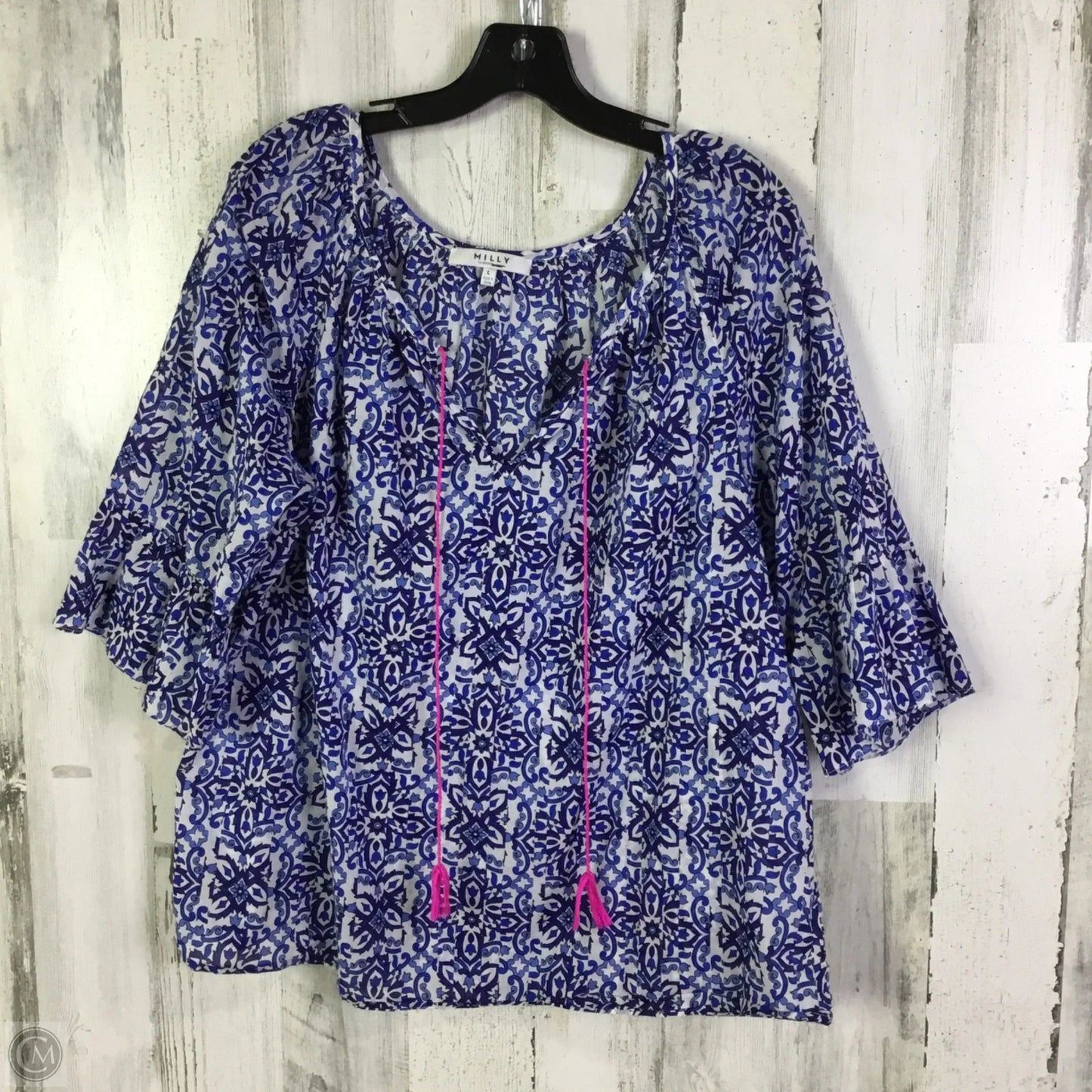 Top 3/4 Sleeve Designer By Milly In Blue & White, Size: L