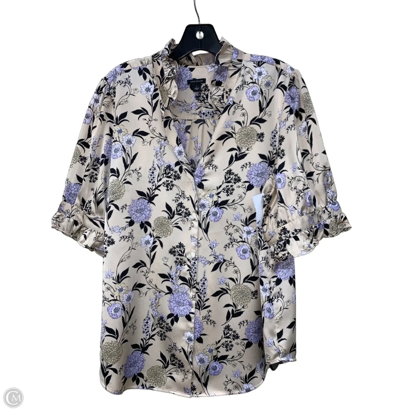 Blouse Short Sleeve By Ann Taylor In Cream & Purple, Size: L
