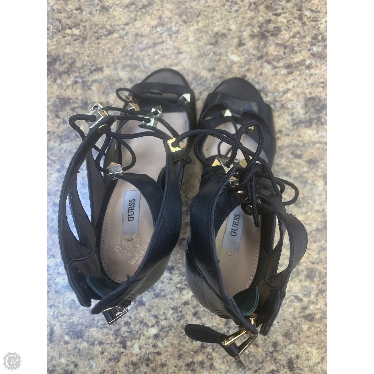 Sandals Heels Stiletto By Guess In Black & Gold, Size: 7.5