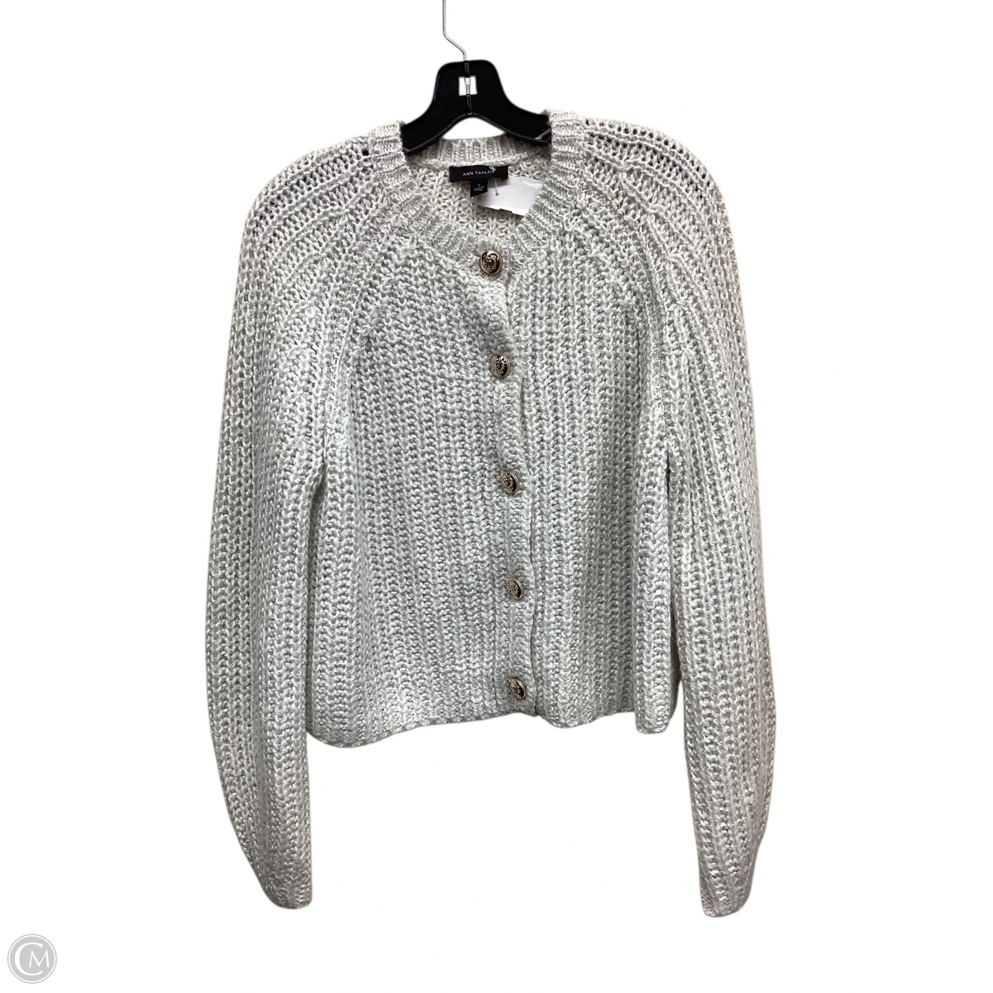 Sweater Cardigan By Ann Taylor In Cream & Silver, Size: L
