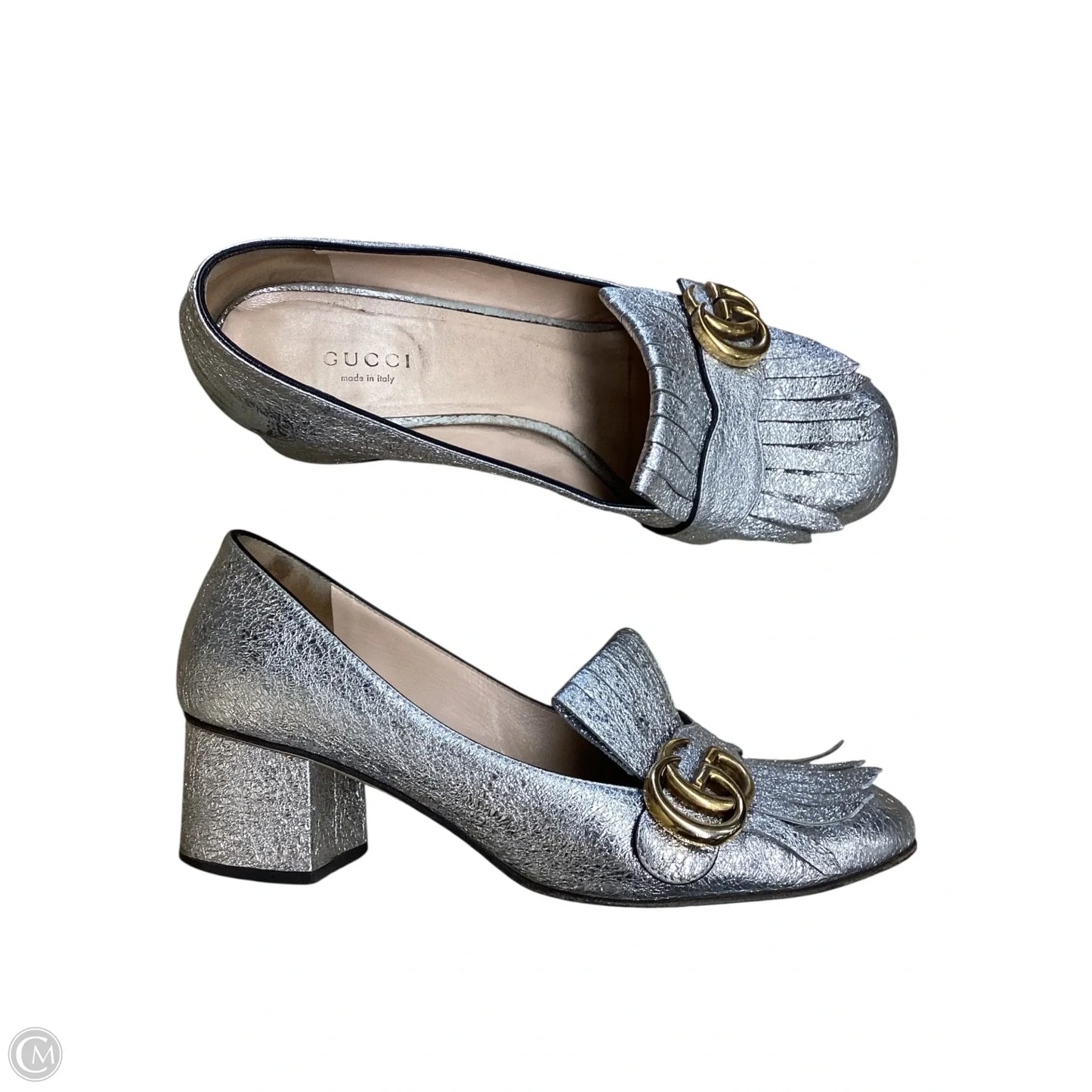 Shoes Luxury Designer By Gucci In Silver Size: 38.5