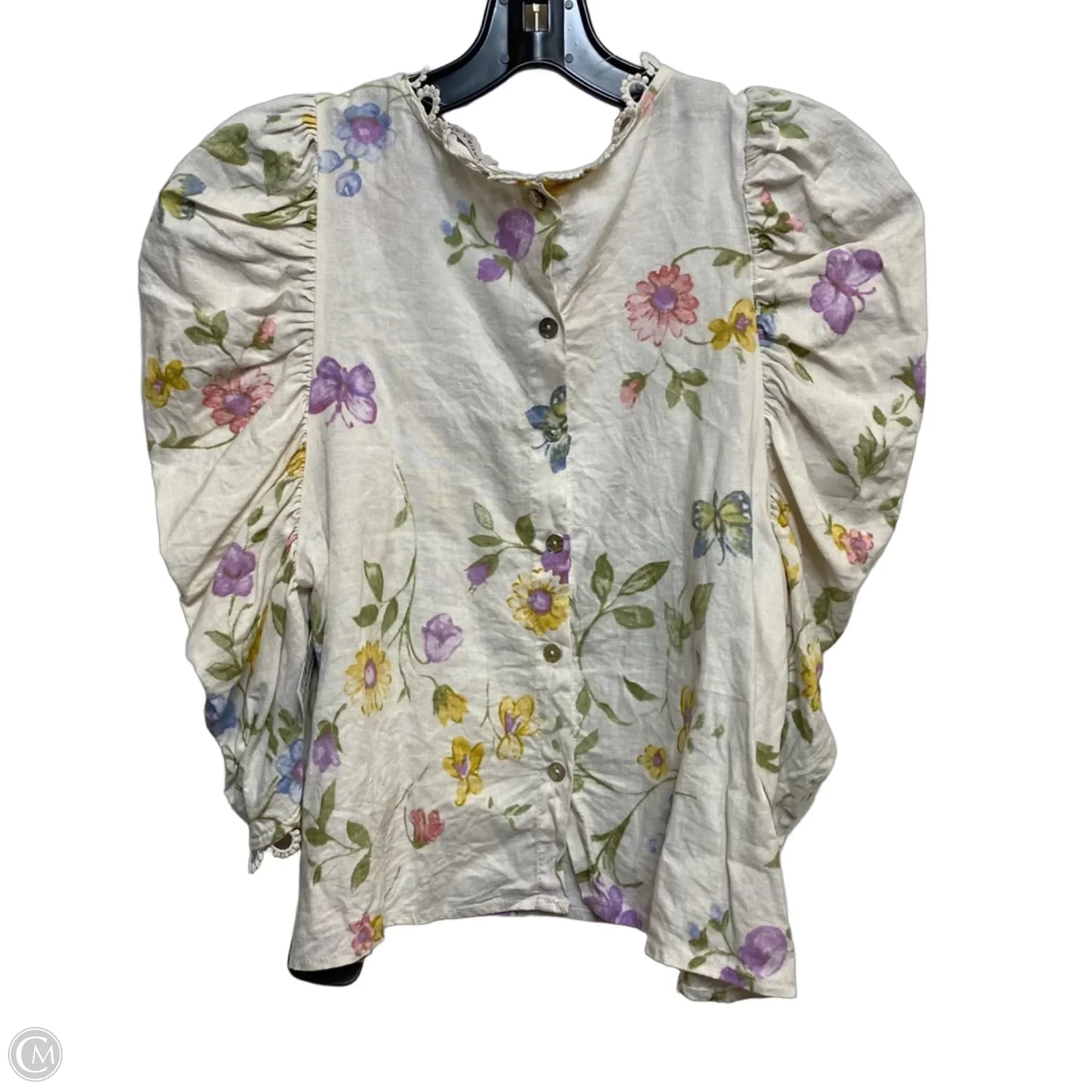 Top Short Sleeve By Laura Ashley In Cream & Green, Size: S