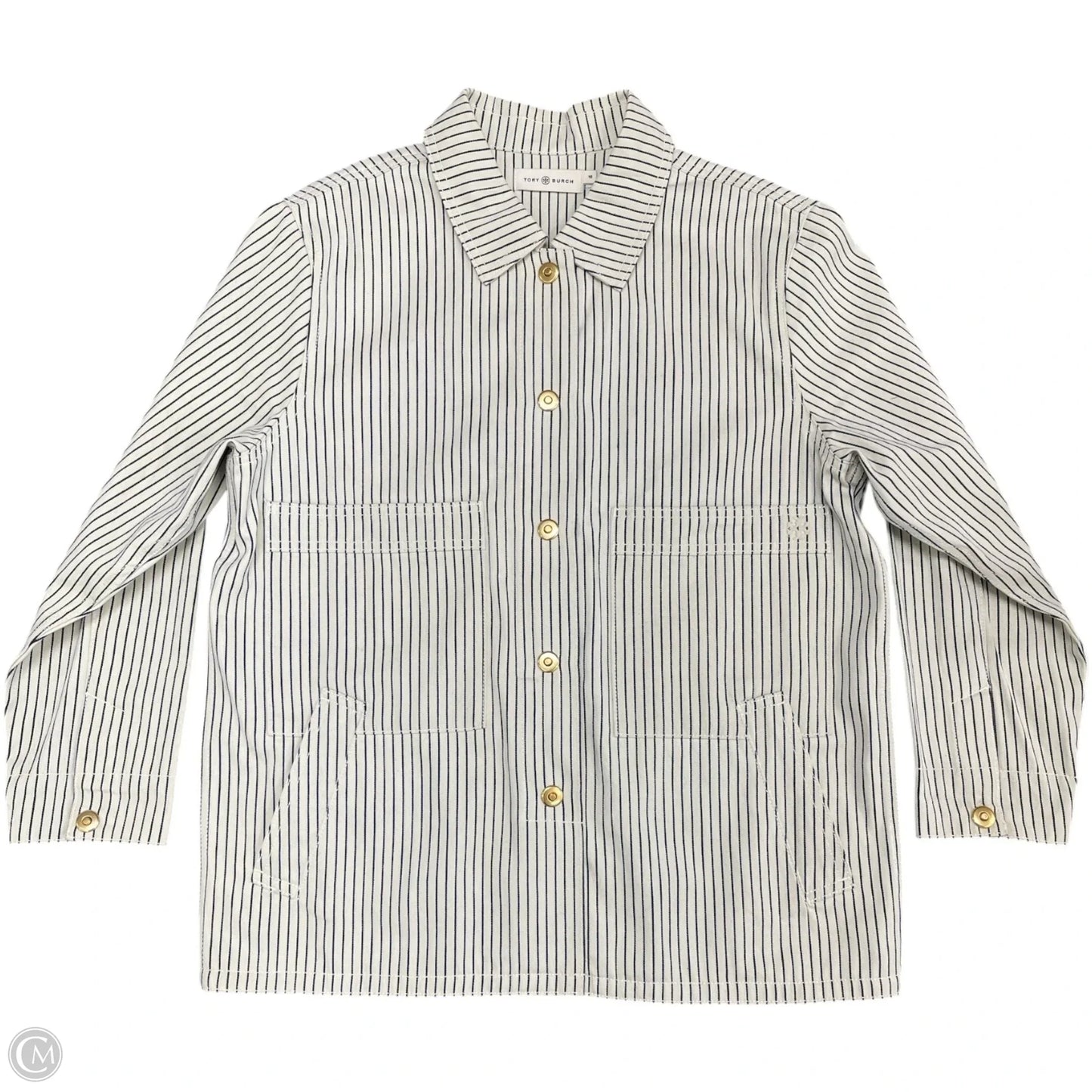 Jacket Designer By Tory Burch In Blue & Cream, Size: 10