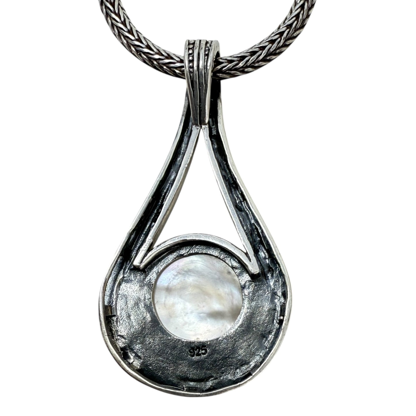 Sterling Silver Mabe Pearl Scrollwork Pendant & Wheat Chain Necklace
