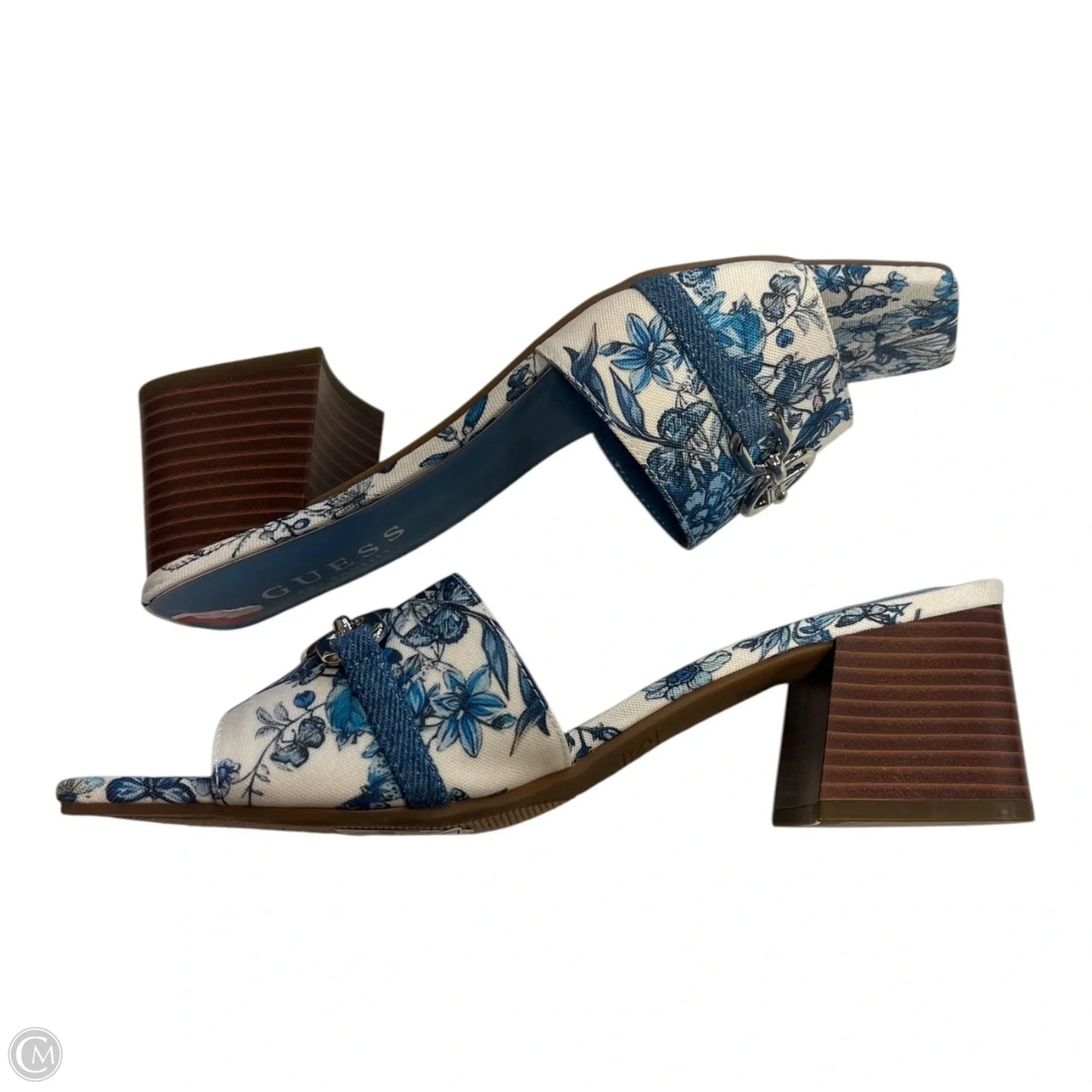 Sandals Heels Block By Guess In Blue & White, Size: 7