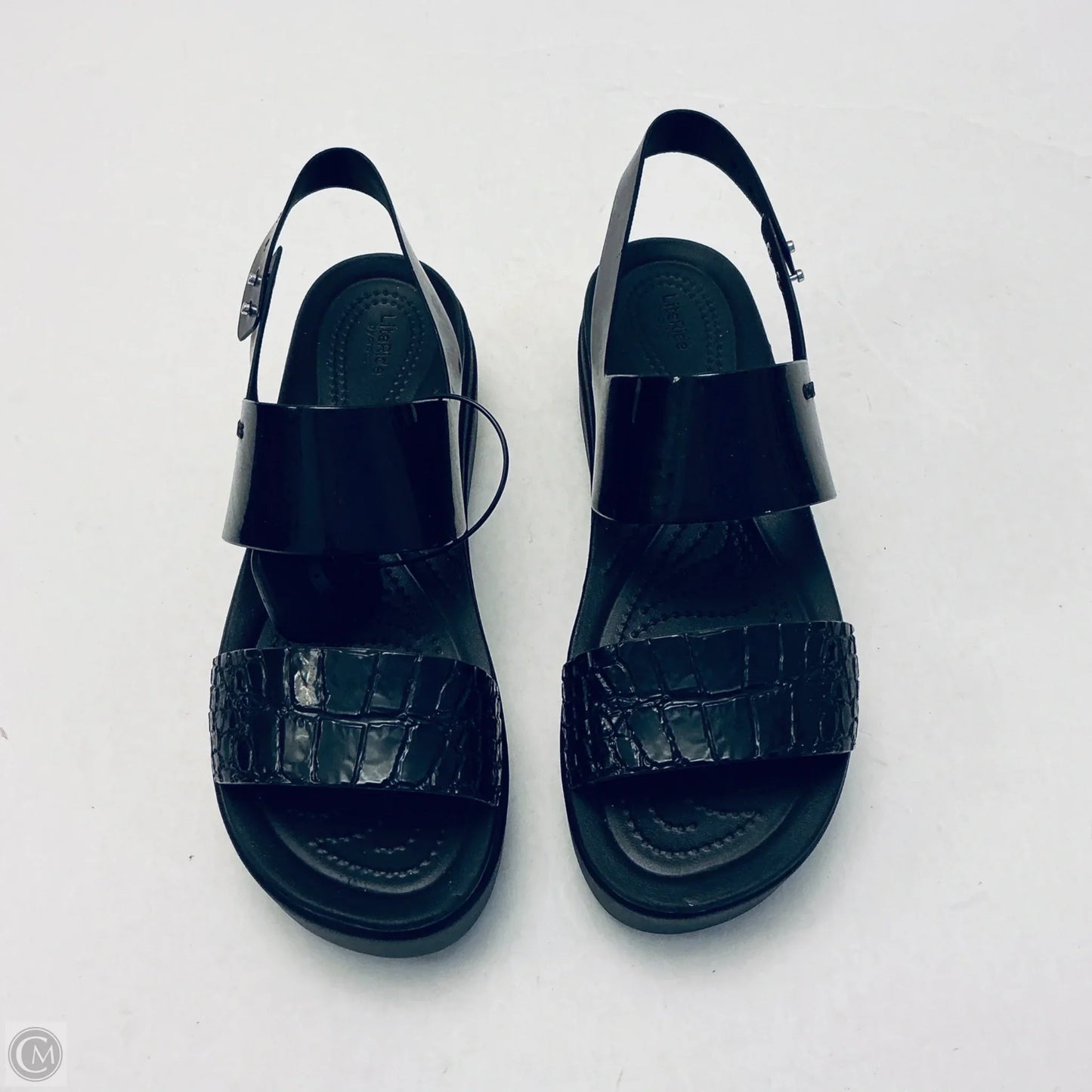 Sandals Heels Wedge By Crocs In Black, Size: 10