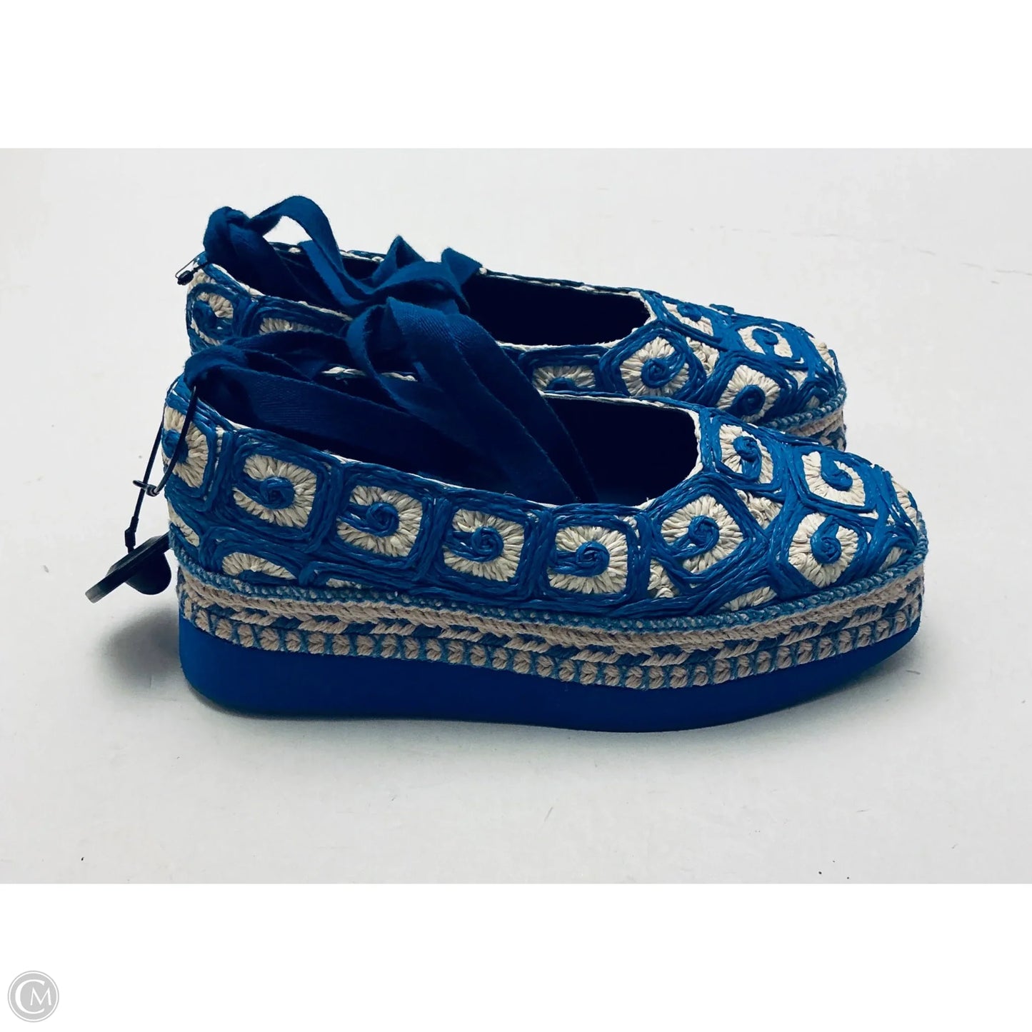 Shoes Heels Platform By Farm Rio In Blue & Cream, Size: 8.5