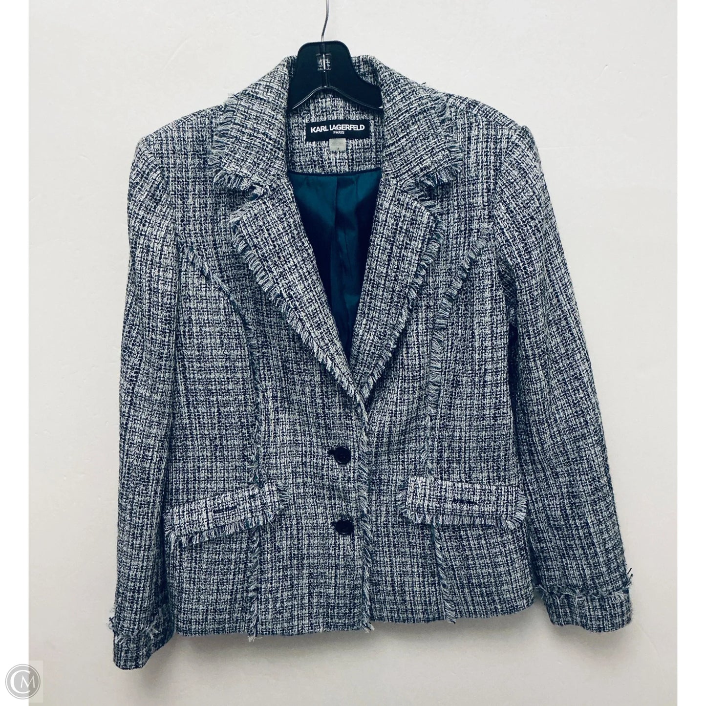 Blazer Designer By Karl Lagerfeld In Blue & Grey, Size: Xl