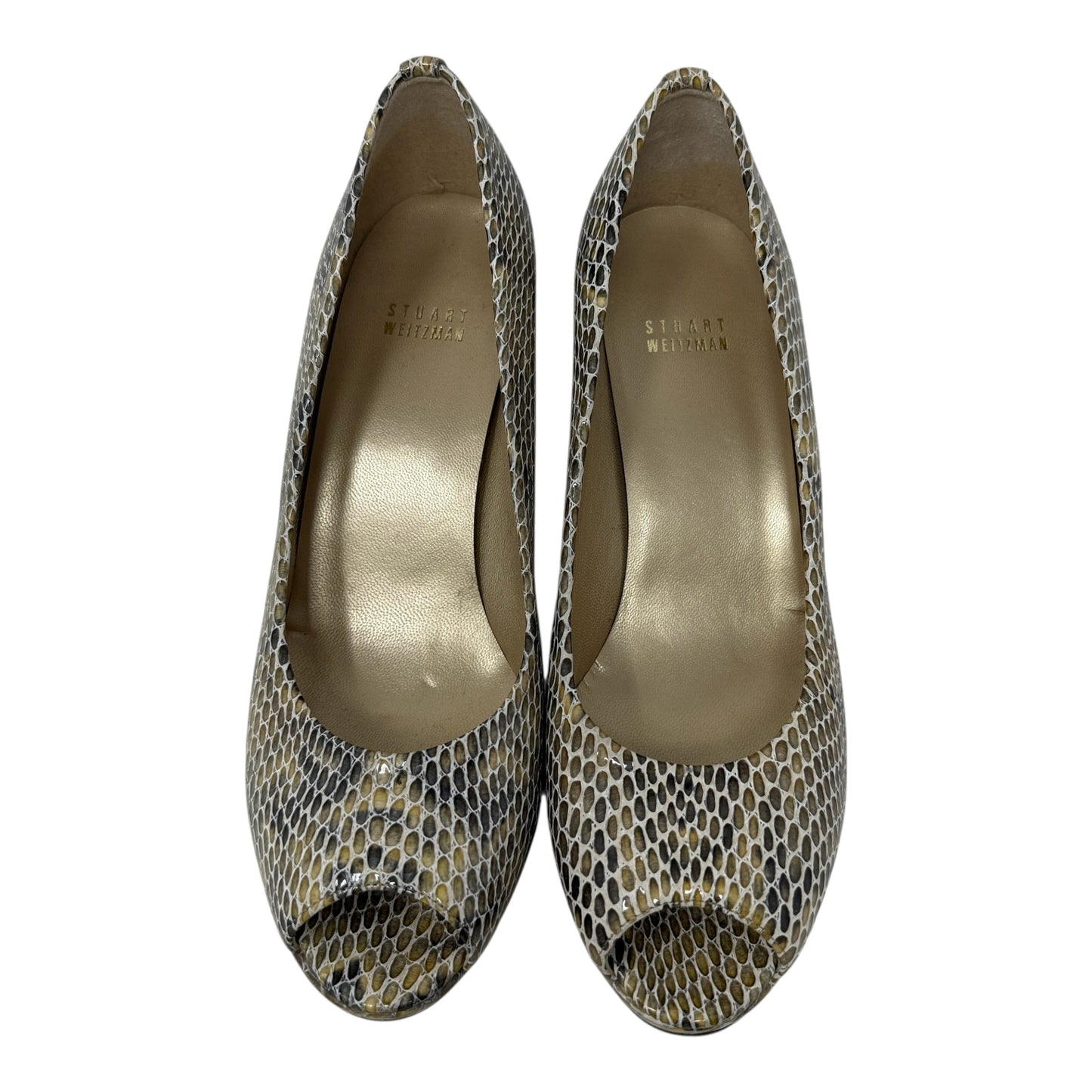 Logo Plainfield Snake Embossed Leather Peep Toe Pumps Designer By Stuart Weitzman In Snakeskin Print, Size: 9