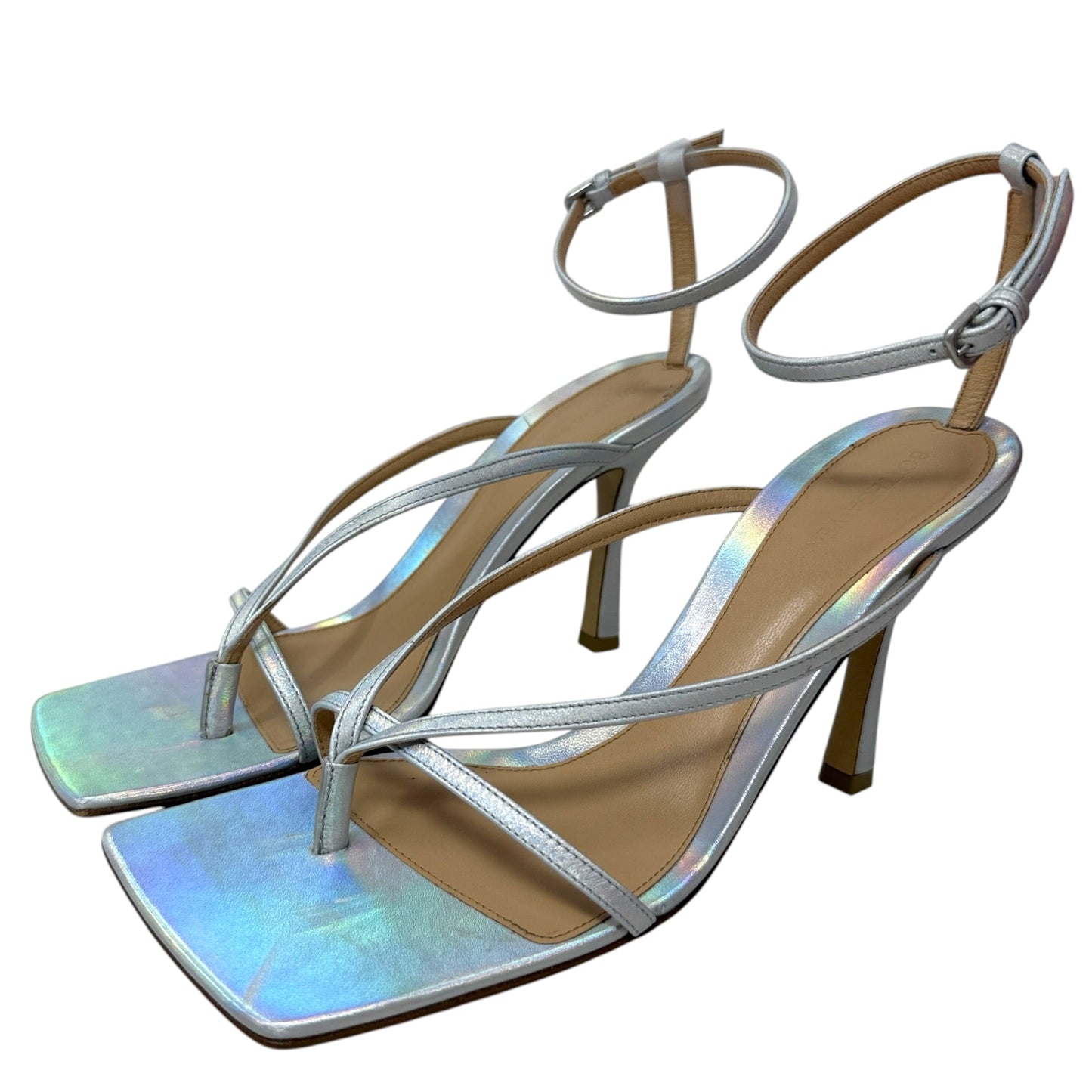 Stretch Iridescent Leather Sandals Luxury Designer By Bottega Veneta In Silver, Size: 9 (IT 39)