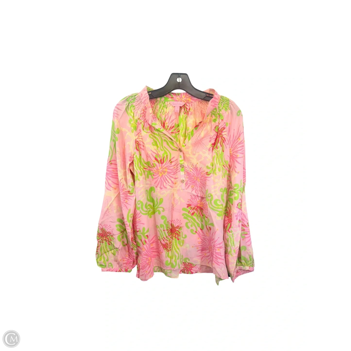Top Long Sleeve Designer By Lilly Pulitzer In Green & Pink, Size: S