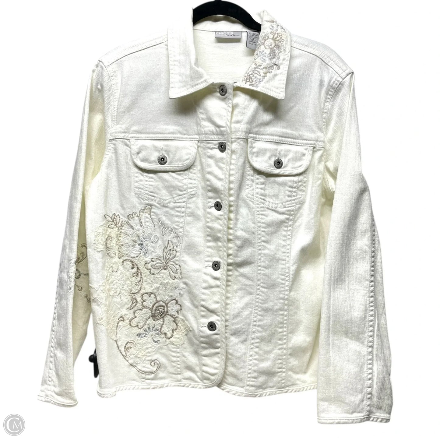 Jacket Denim By Chicos In Floral Print, Size: L