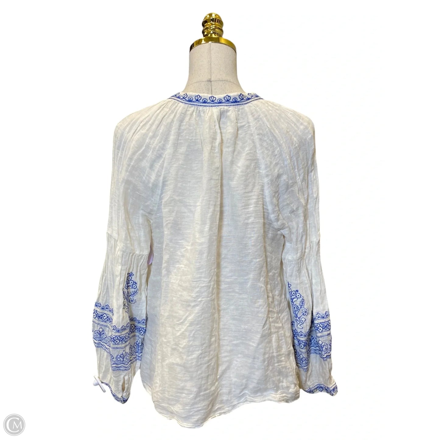 Blouse Long Sleeve By Lucky Brand In Blue & White, Size: L